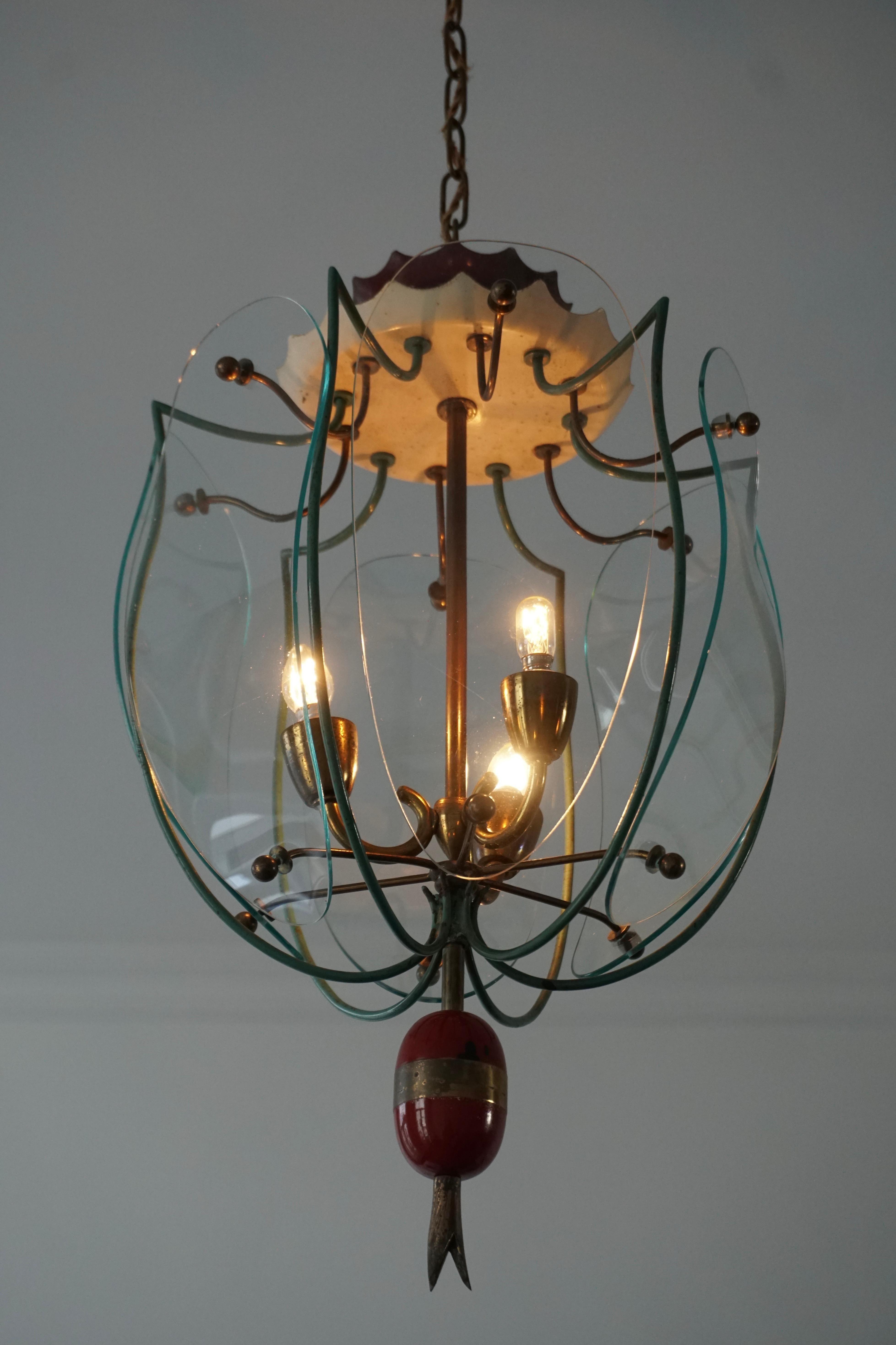 20th Century Italian Brass and Curved Glass Pendant Light, Lantern For Sale