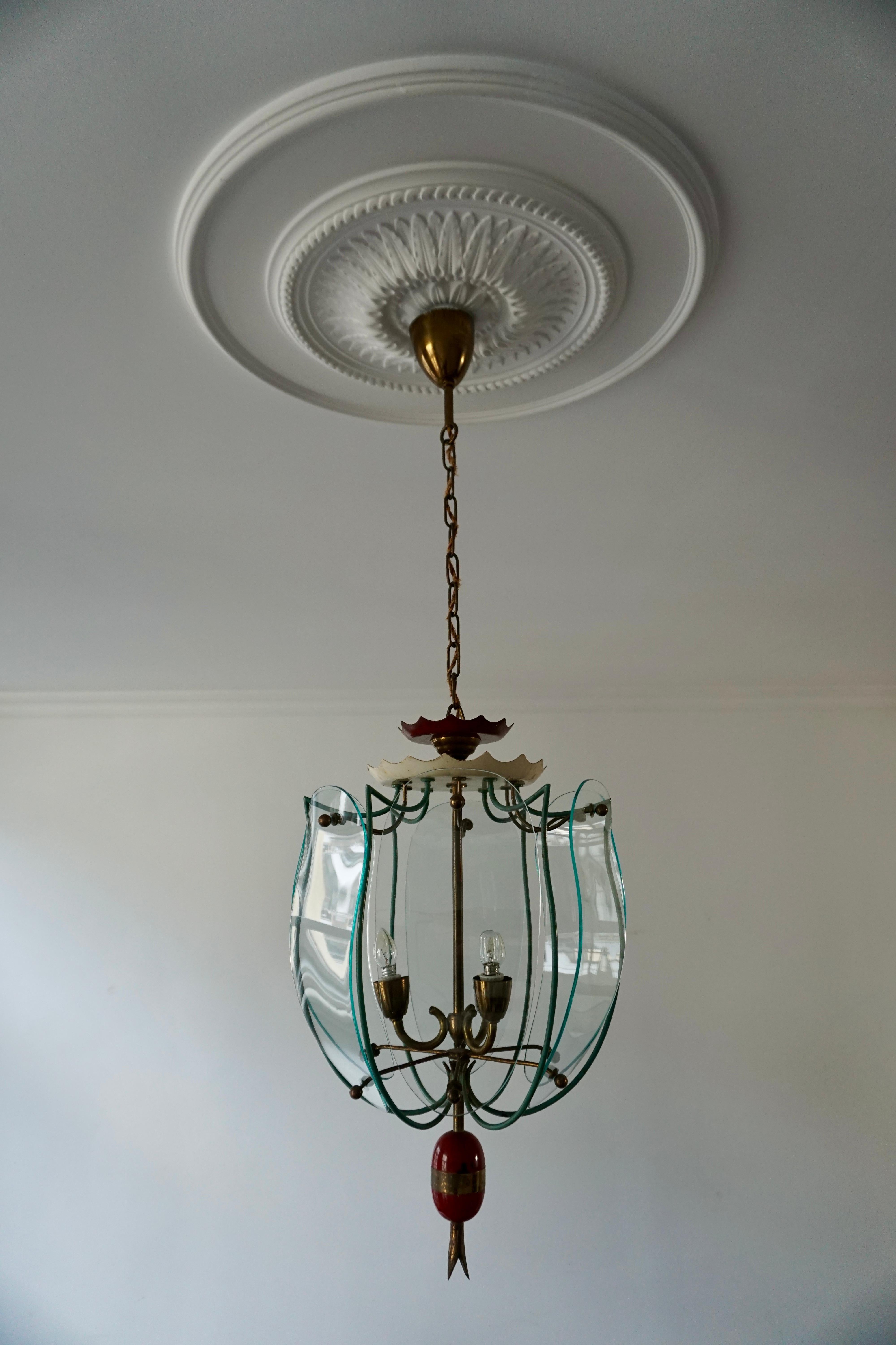 Italian Brass and Curved Glass Pendant Light, Lantern For Sale 3