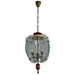 Italian Brass and Curved Glass Pendant Light, Lantern