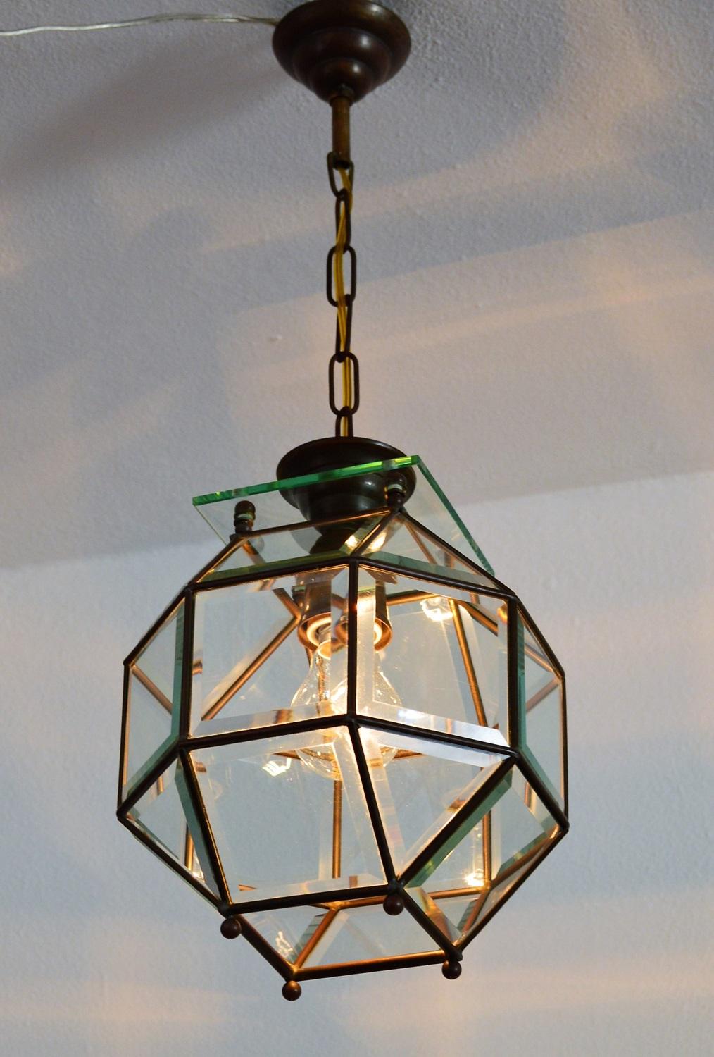 Italian Brass and Cut Glass Lantern or Pendant Lamp, 1950s 3