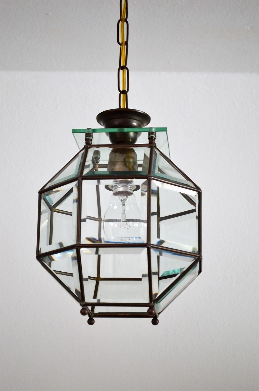 Italian Brass and Cut Glass Lantern or Pendant Lamp, 1950s (Moderne der Mitte des Jahrhunderts)