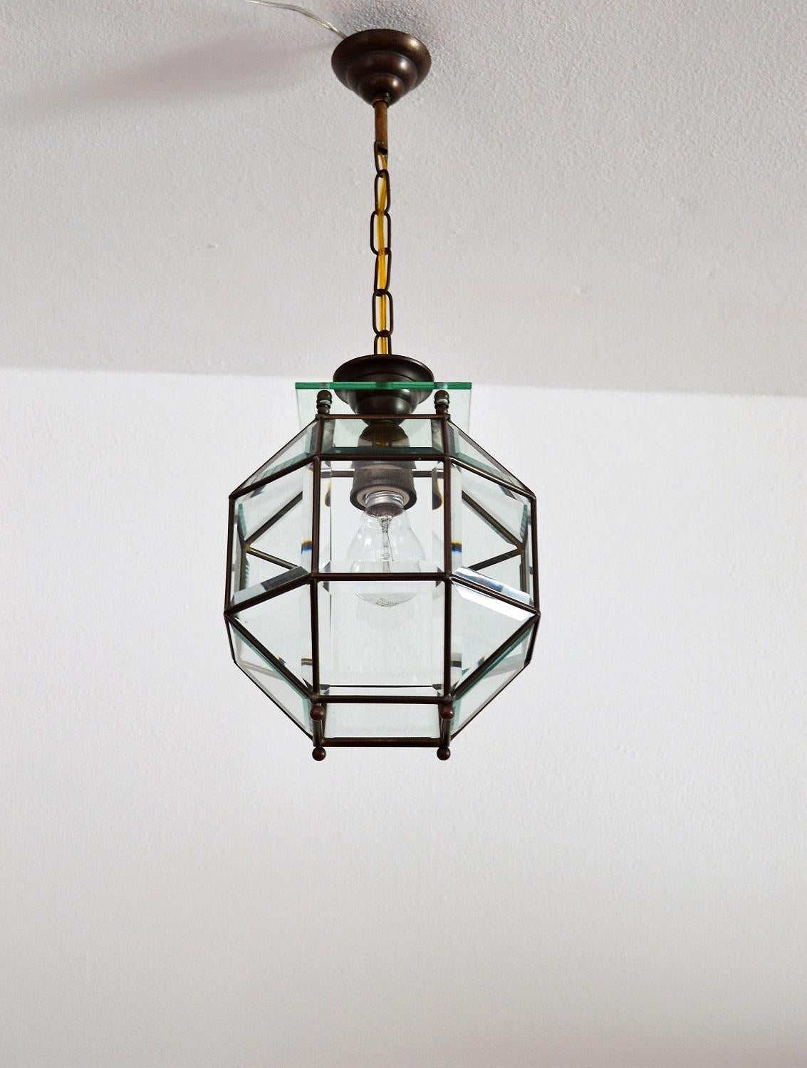 Italian Brass and Cut Glass Lantern or Pendant Lamp, 1950s (Italienisch)