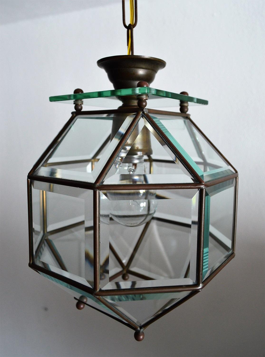 Italian Brass and Cut Glass Lantern or Pendant Lamp, 1950s (Messing)