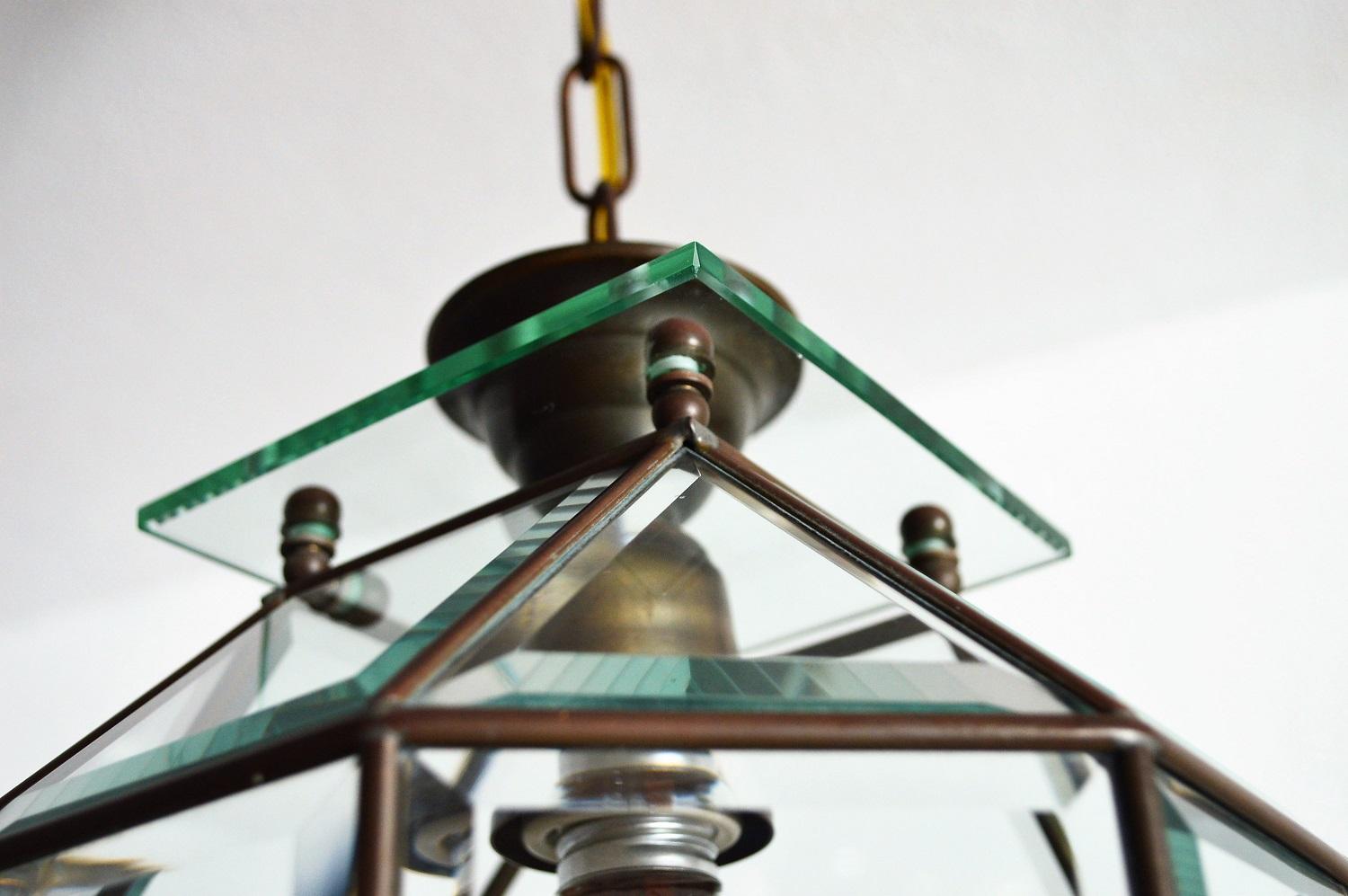Italian Brass and Cut Glass Lantern or Pendant Lamp, 1950s 1