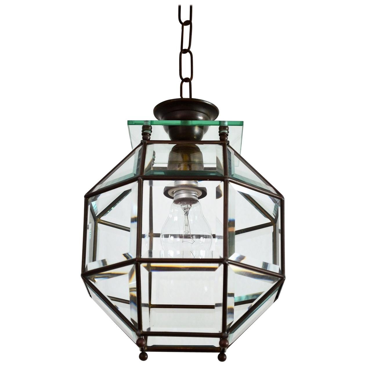 Italian Brass and Cut Glass Lantern or Pendant Lamp, 1950s