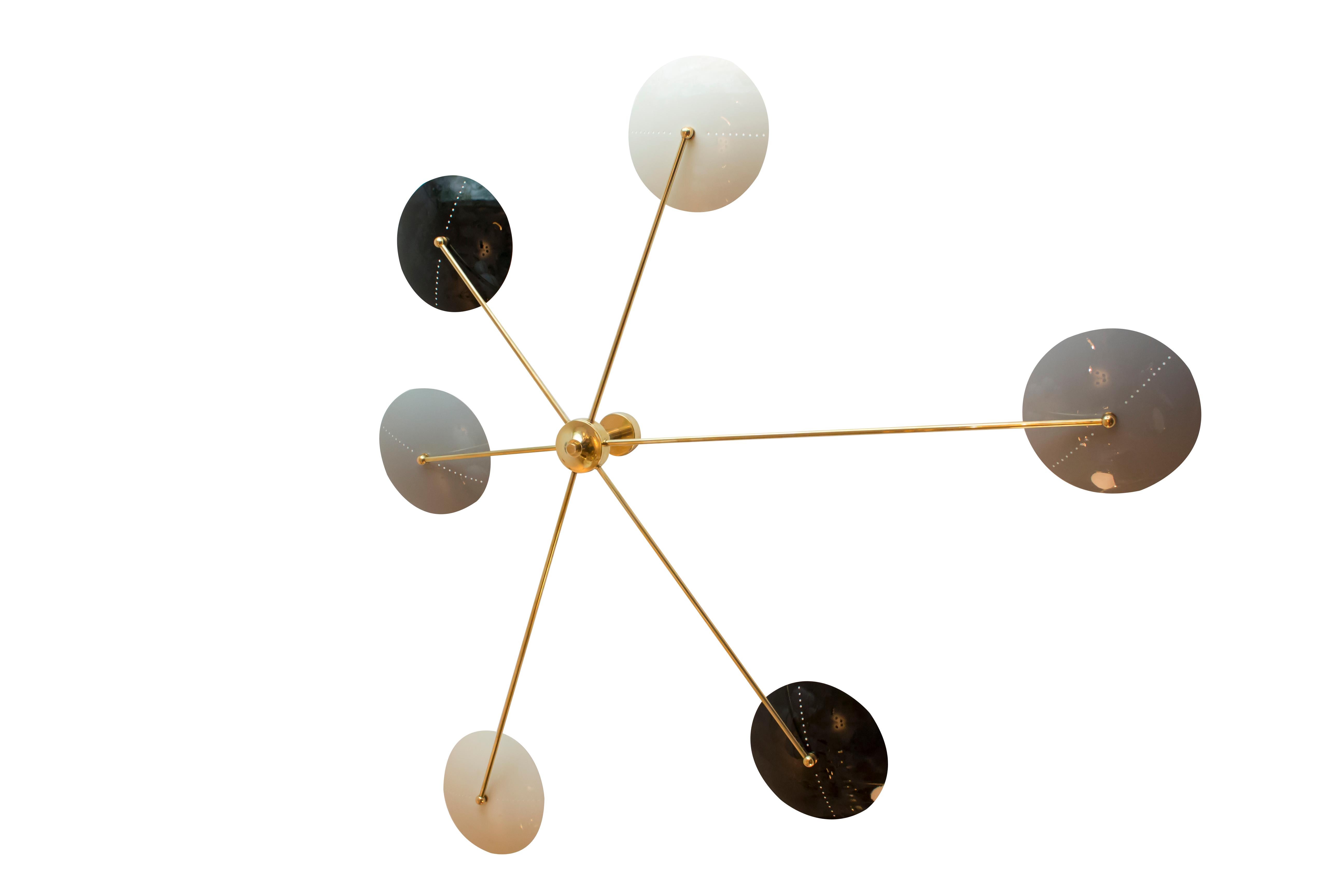 Brass framed ceiling light

Enamel saucer shades

Fits close to ceiling

Contemporary

Made to order in Italy.