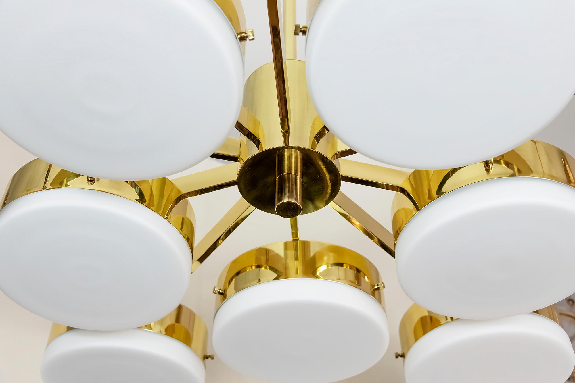 Contemporary Italian Brass and Frosted Glass Chandelier For Sale