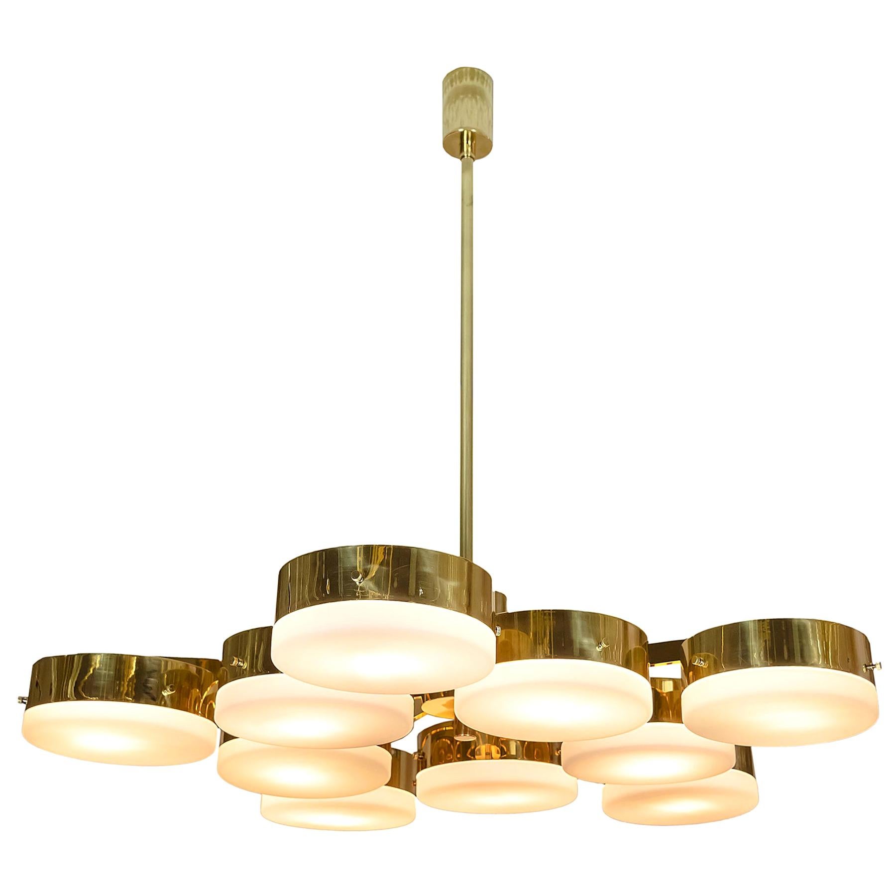 Italian Brass and Frosted Glass Chandelier For Sale