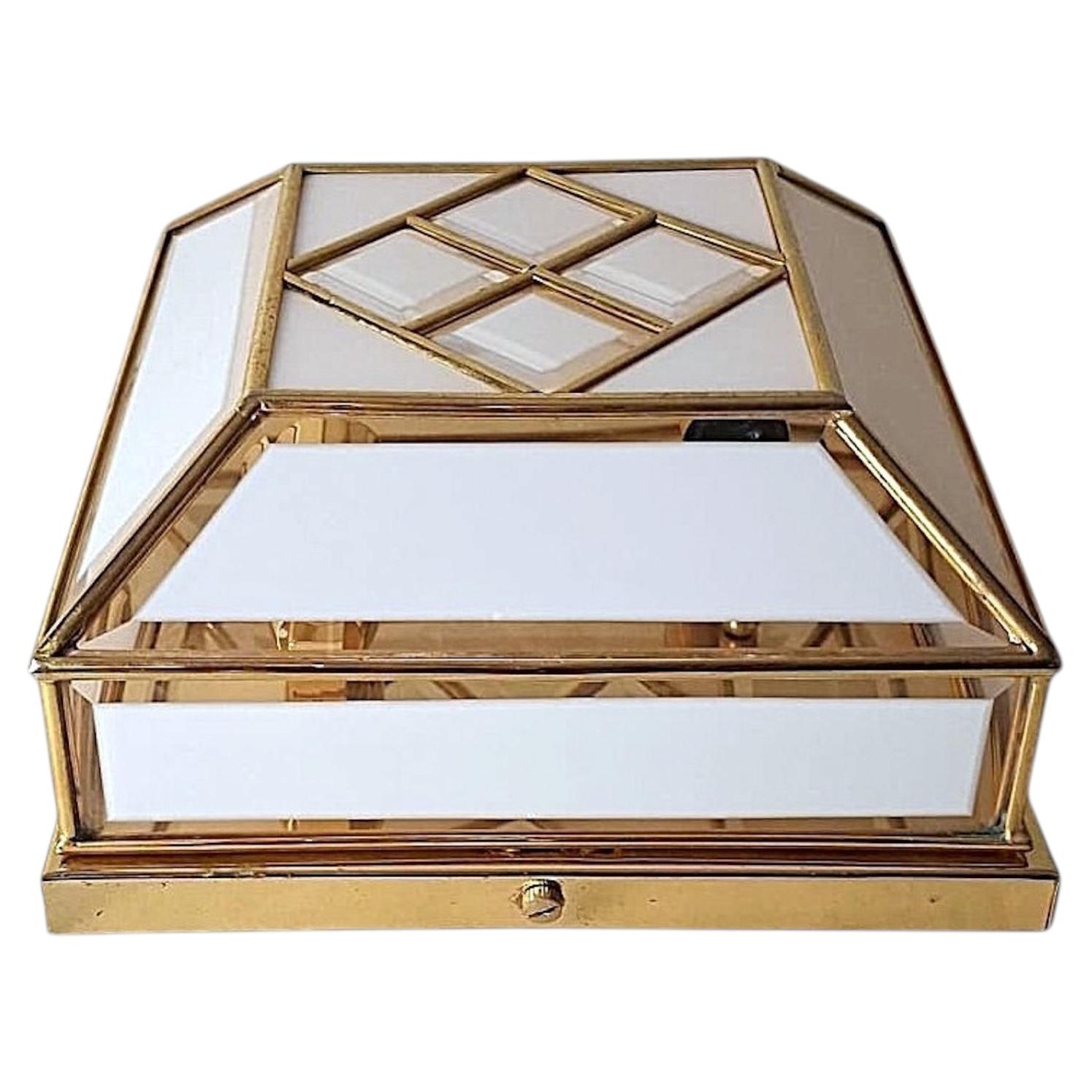 Italian Brass and Frosted Opaline Glass Flush Mount Ceiling Light For Sale