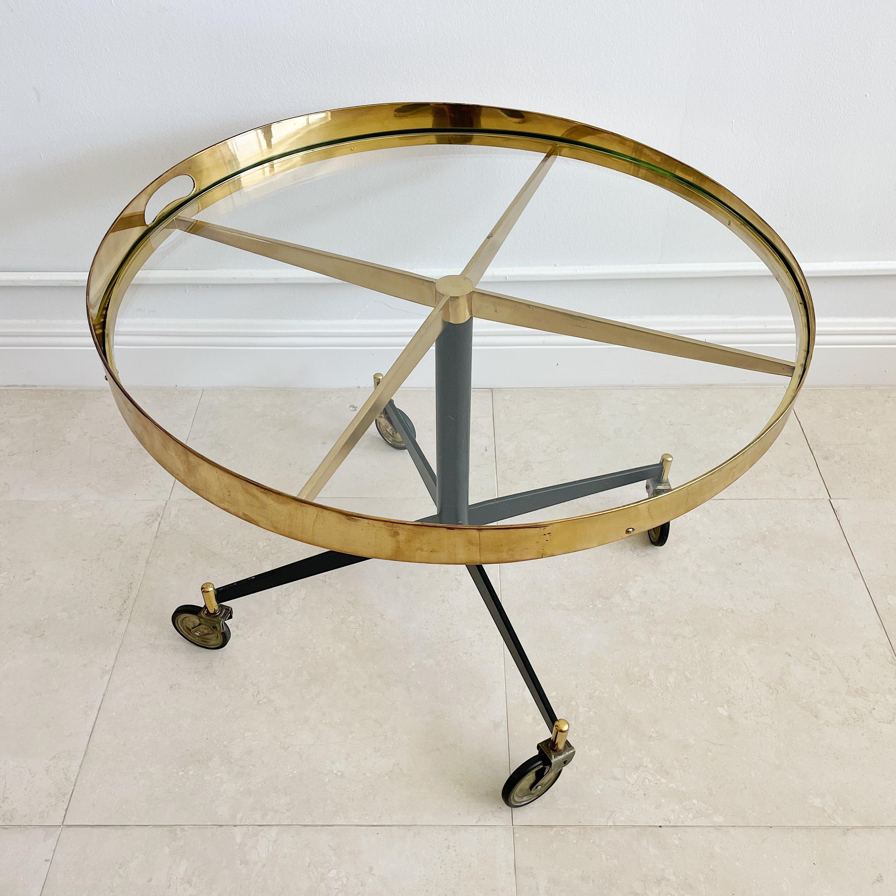 Mid-Century Modern Italian Brass and Glass Carrello Side Occasional Table on Wheels