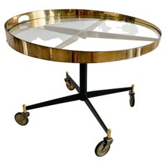 Italian Brass and Glass Carrello Side Occasional Table on Wheels
