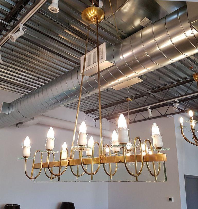 Mid-Century Modern Italian brass and glass chandelier 1960s For Sale