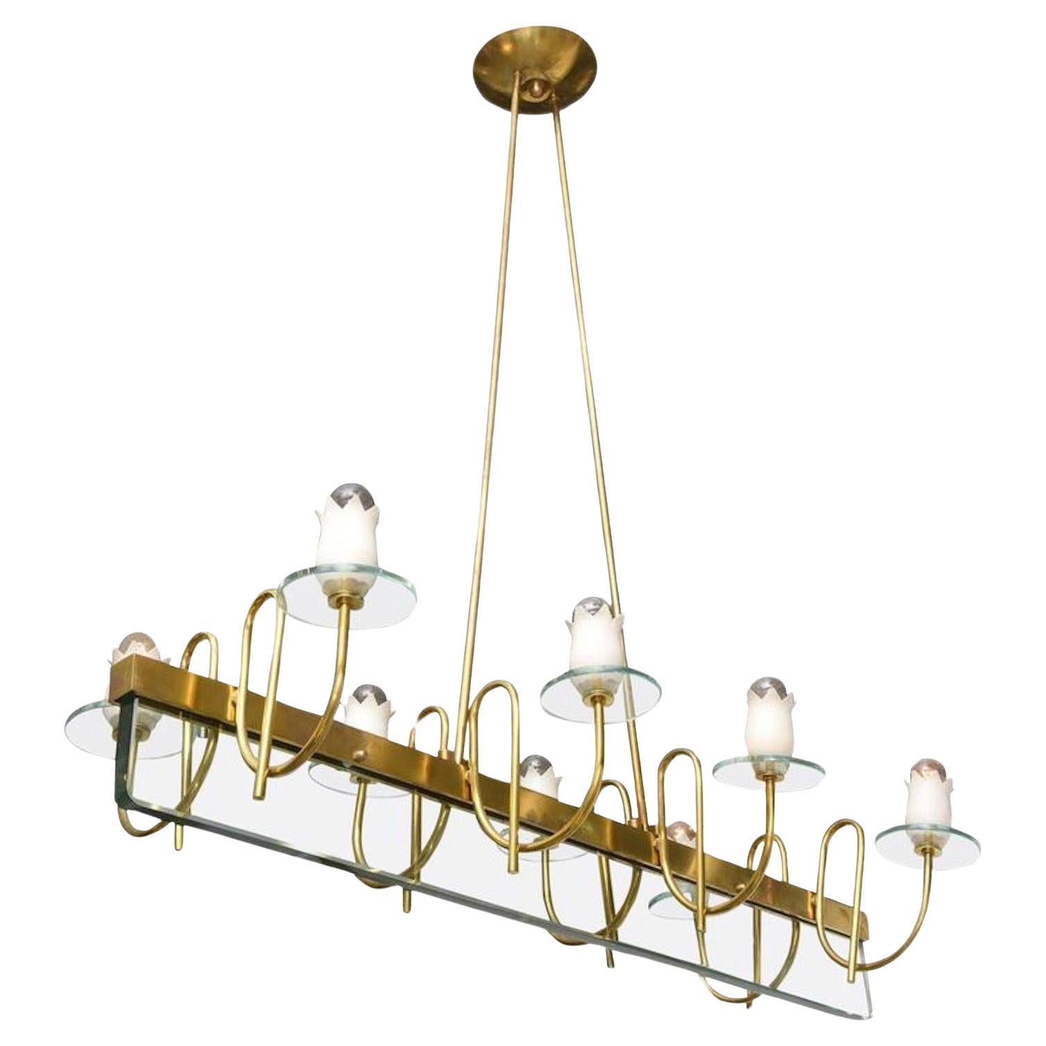 Italian brass and glass chandelier 1960s For Sale