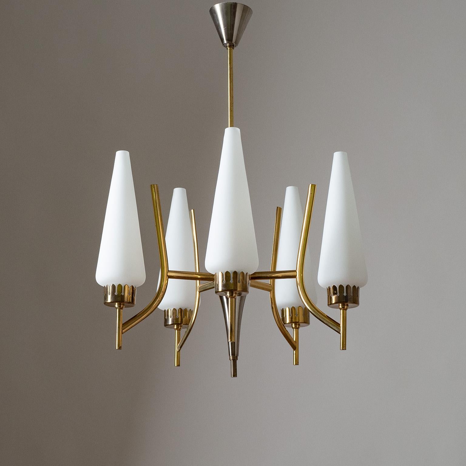 Fine mid-century Italian chandelier from the 1950-1960s. Intricate rive-arm brass construction with aluminum parts lacquered in gun-metal grey and slender satin glass diffusers. Nice original condition with a light patina on the brass and some wear