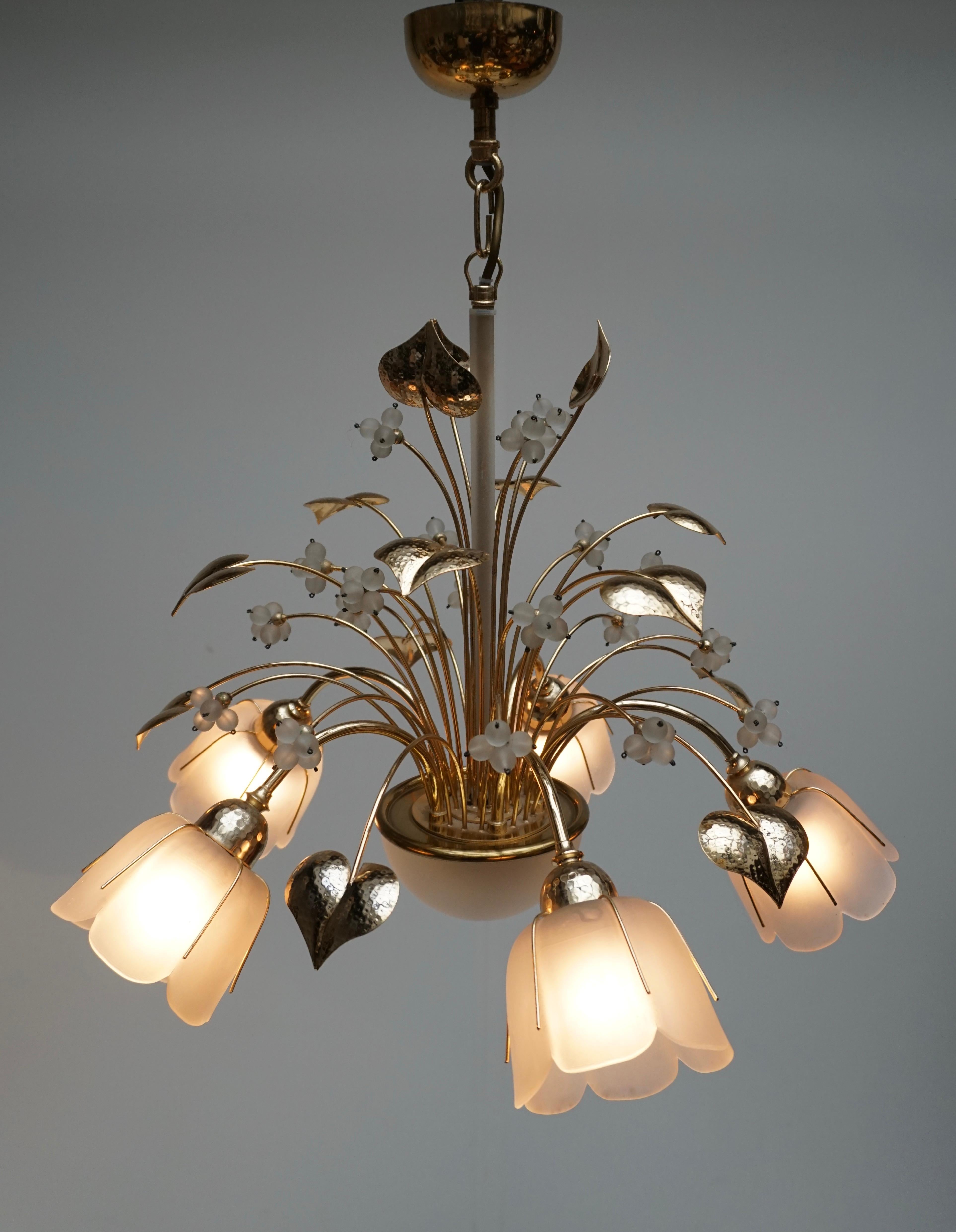 Hollywood Regency Italian Brass and Glass Chandelier For Sale