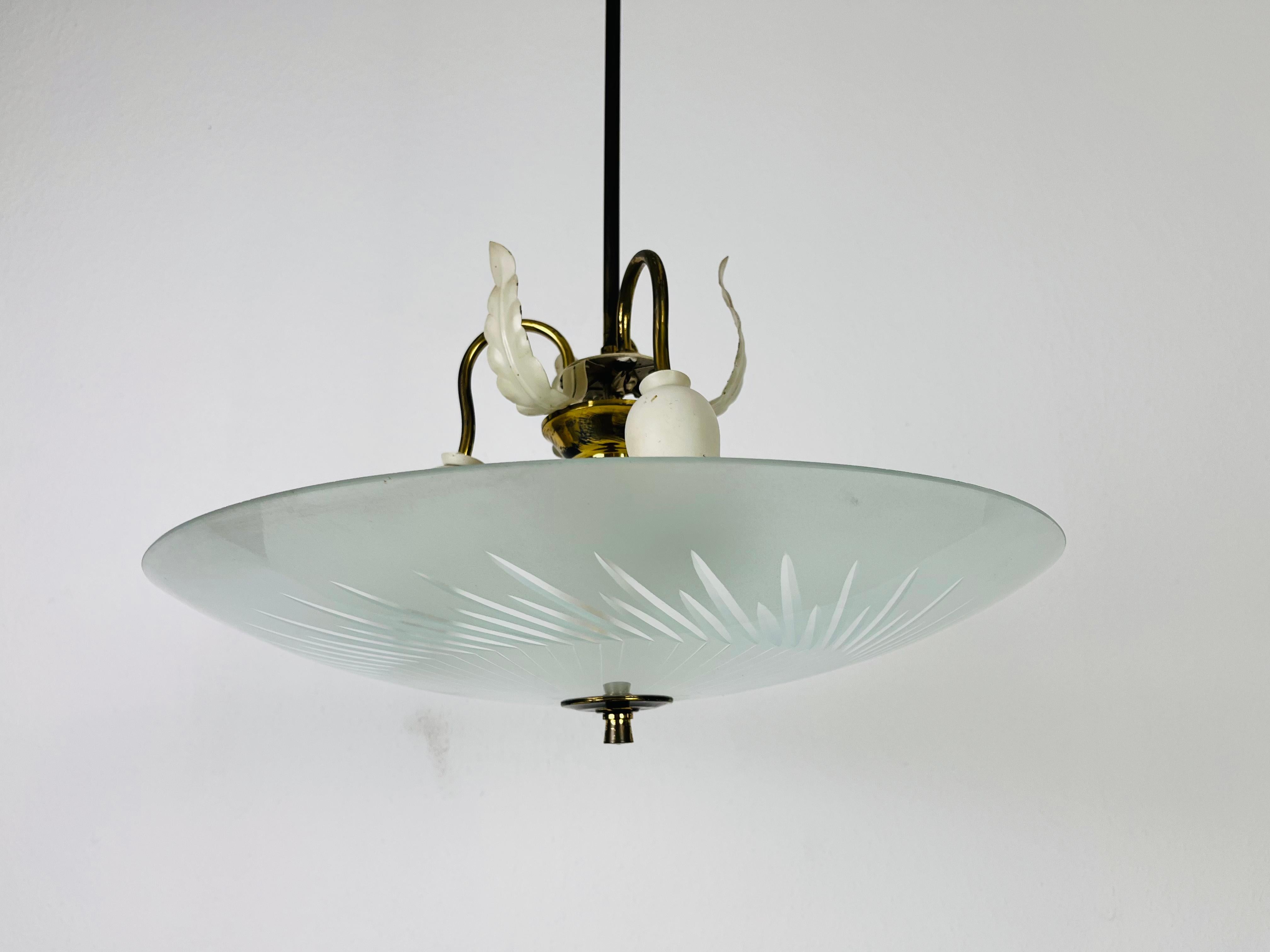 Metal Italian Brass and Glass Chandelier in the Style of Pietro Chiesa, 1950s For Sale