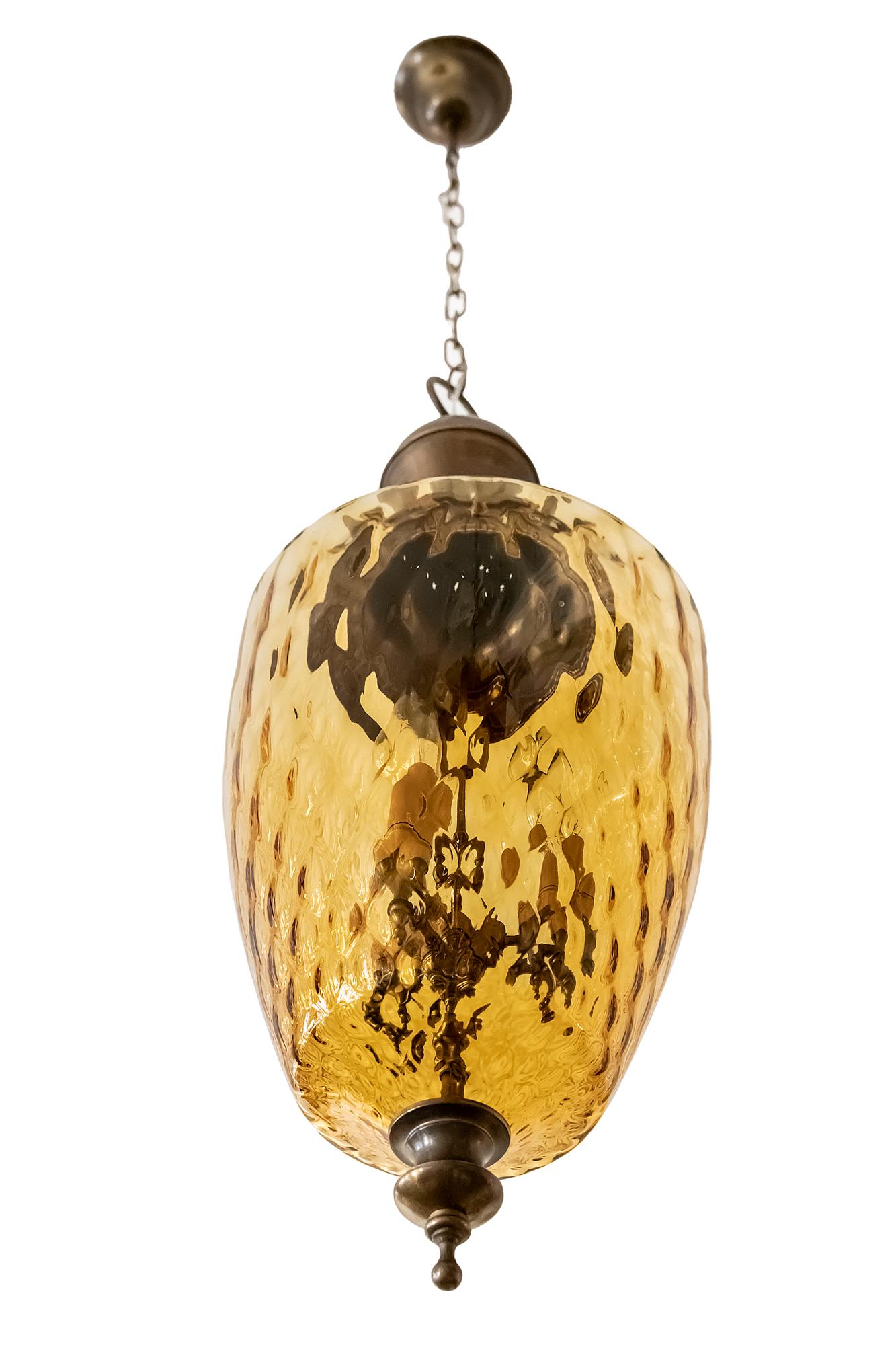 20th Century Italian Brass and Glass Chandelier Lantern, circa 1950 For Sale