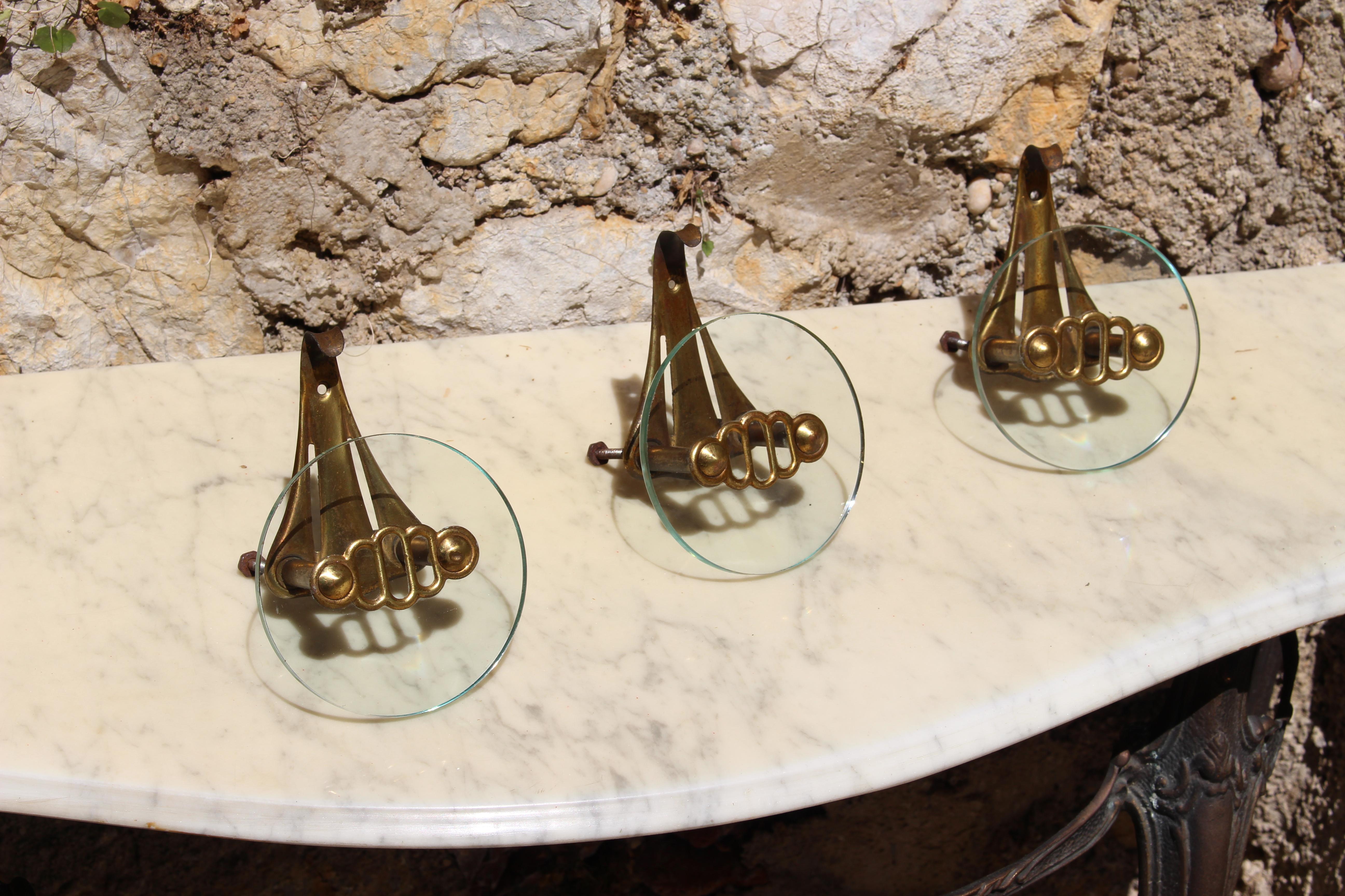1950s Italian coat hooks. Brass base and the glass .  