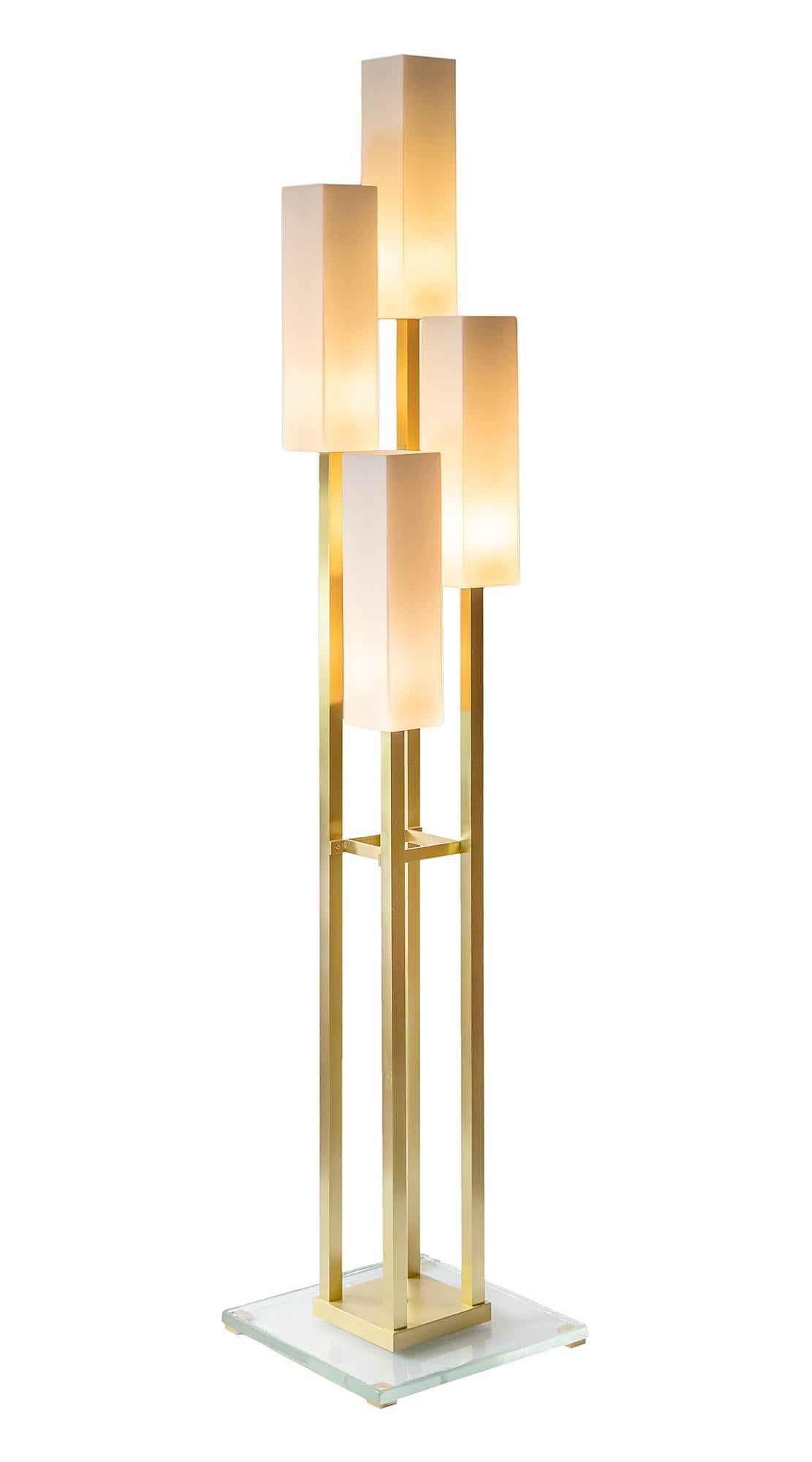 Frosted Italian Brass and Glass Floor Lamp For Sale