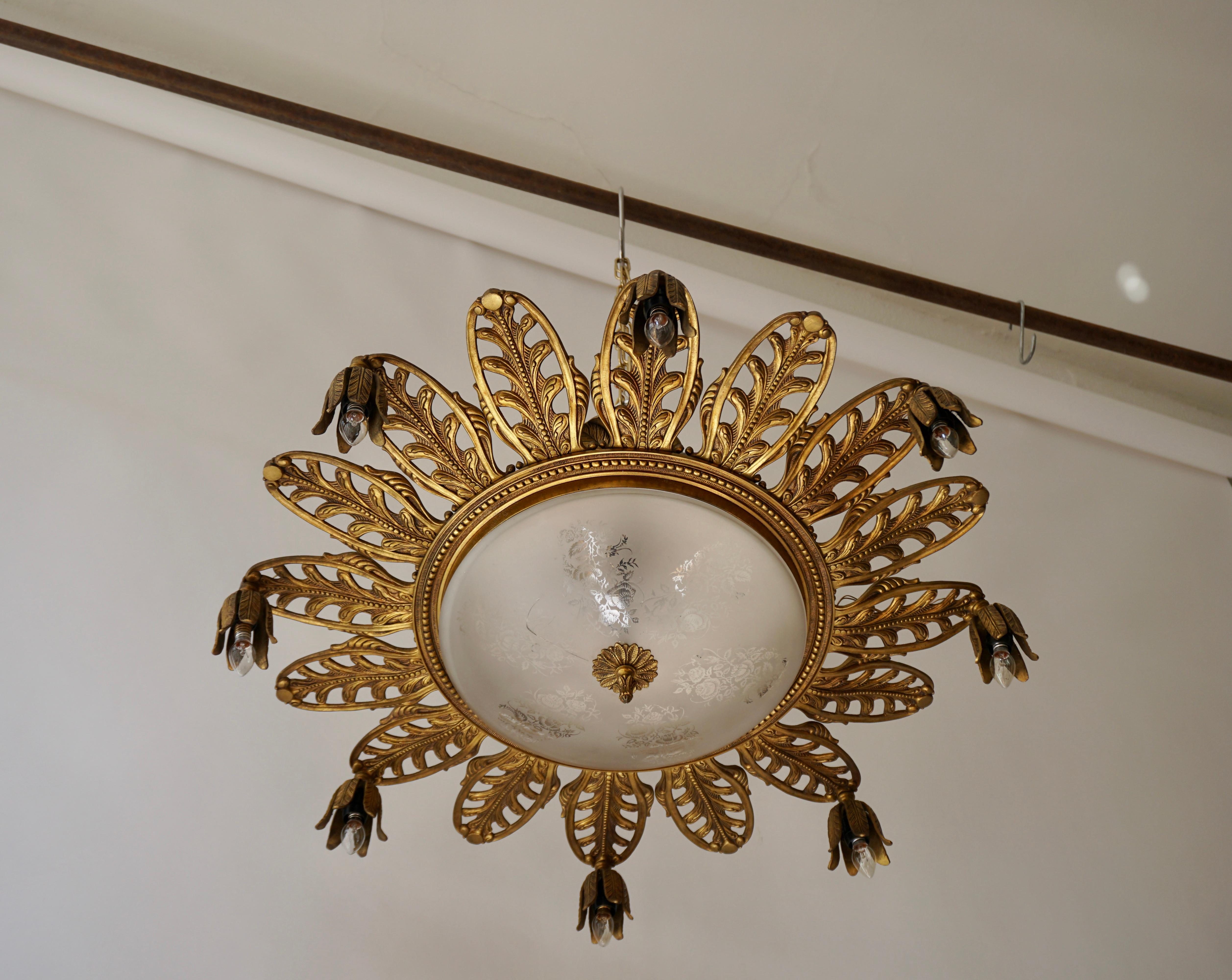 Italian Brass and Glass Flush Mount, Chandelier In Good Condition In Antwerp, BE