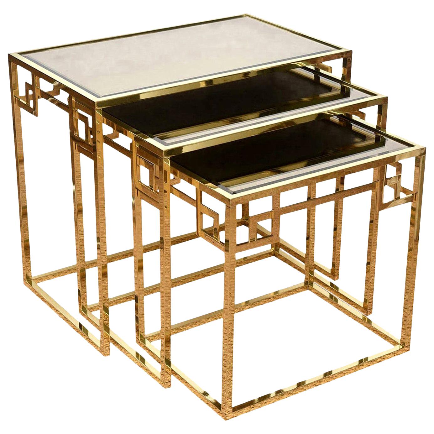 Brass and Rose Gold Italian Mirrored Glass Nesting Tables For Sale at
