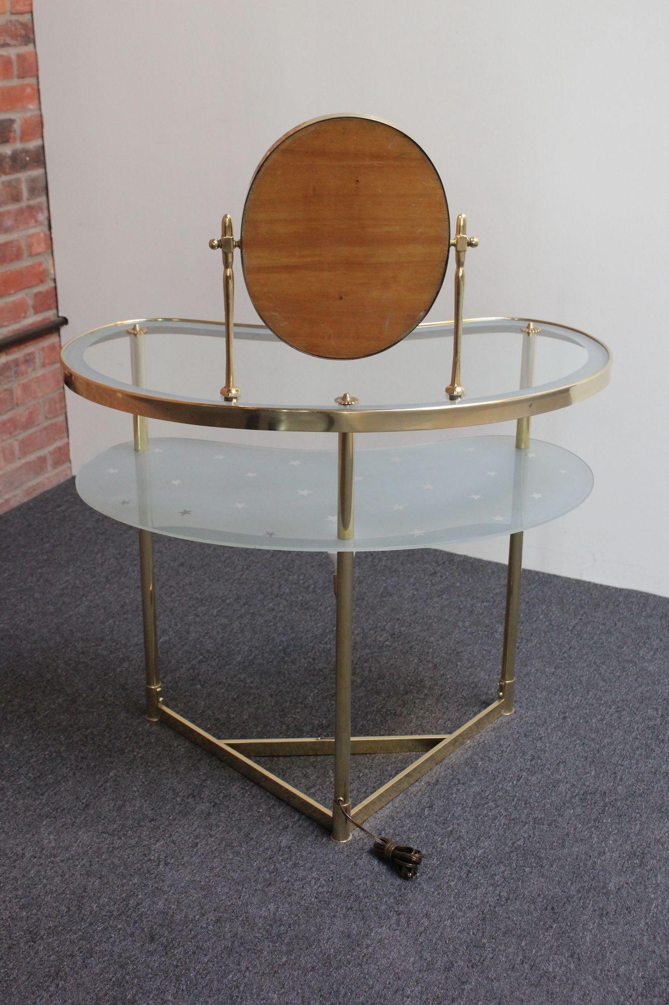 Italian Brass and Glass Kidney Form Illuminated Vanity Console by Luigi Brusotti For Sale 1