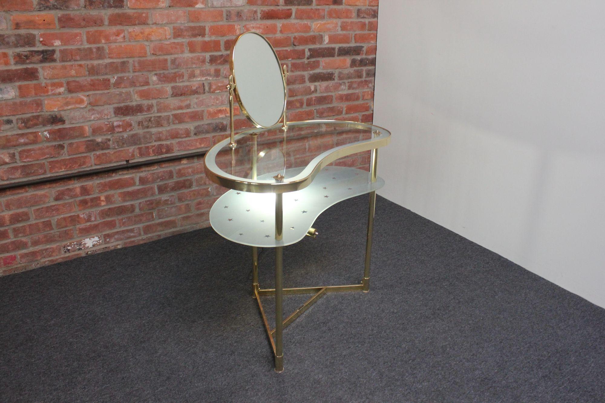 Italian Brass and Glass Kidney Form Illuminated Vanity Console by Luigi Brusotti For Sale 13