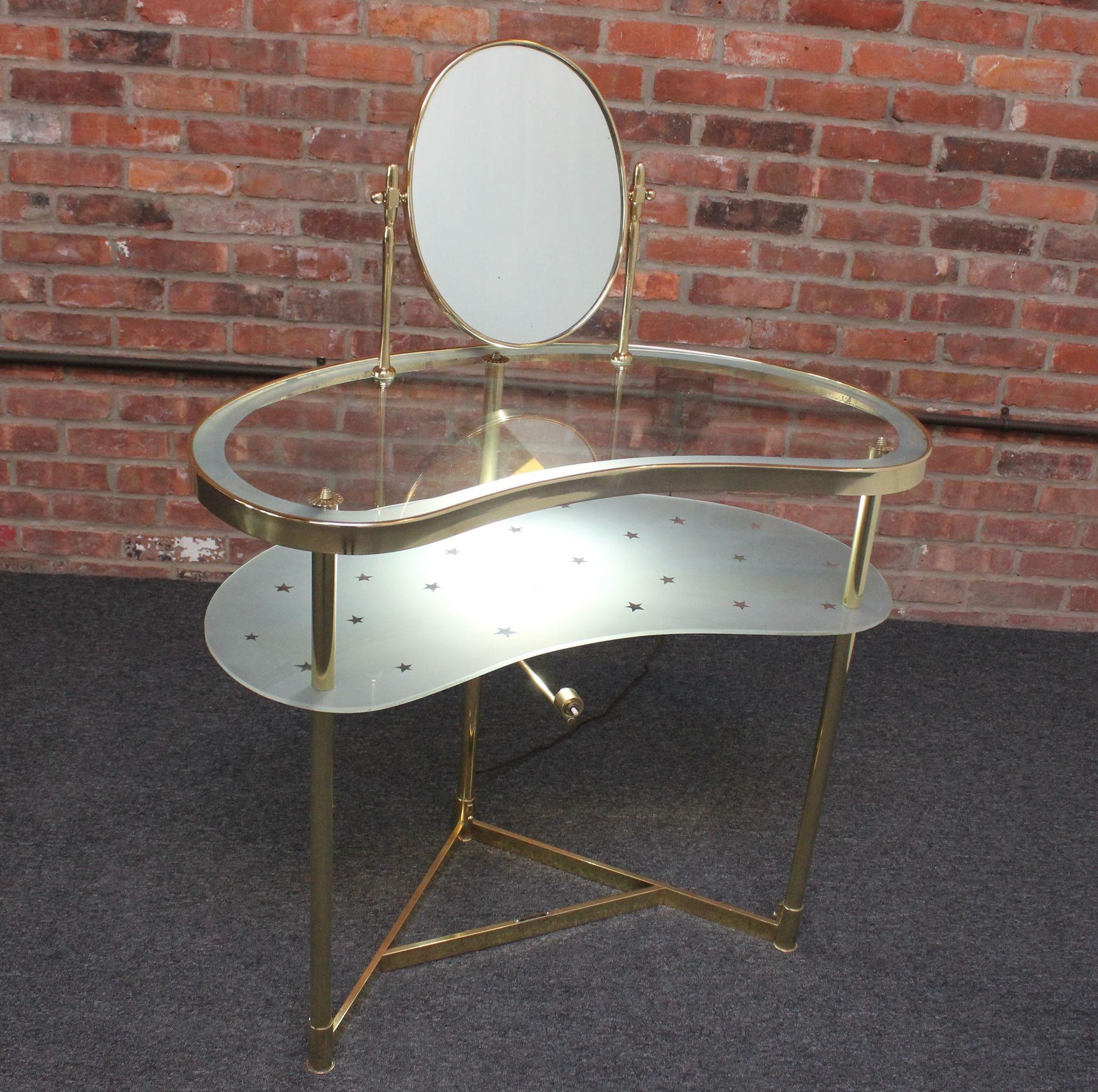 Frosted Italian Brass and Glass Kidney Form Illuminated Vanity Console by Luigi Brusotti