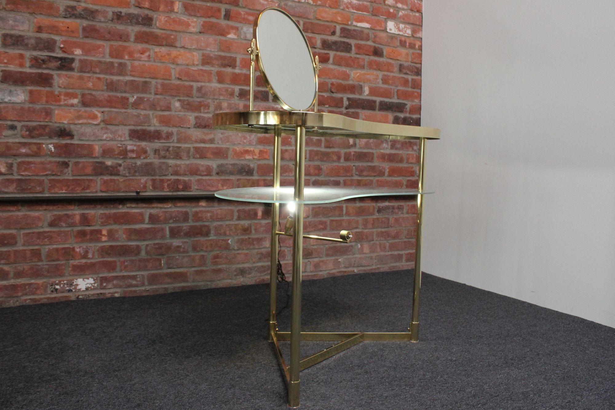Italian Brass and Glass Kidney Form Illuminated Vanity Console by Luigi Brusotti In Good Condition In Brooklyn, NY