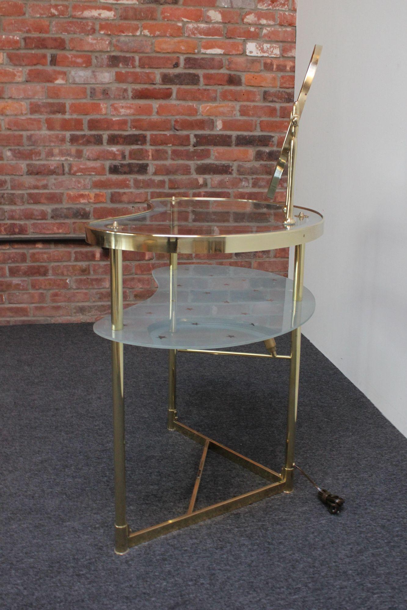 Mid-20th Century Italian Brass and Glass Kidney Form Illuminated Vanity Console by Luigi Brusotti For Sale