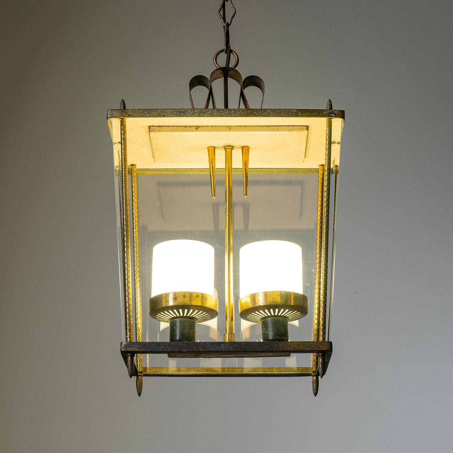 Lacquered Italian Brass and Glass Lantern, 1940s