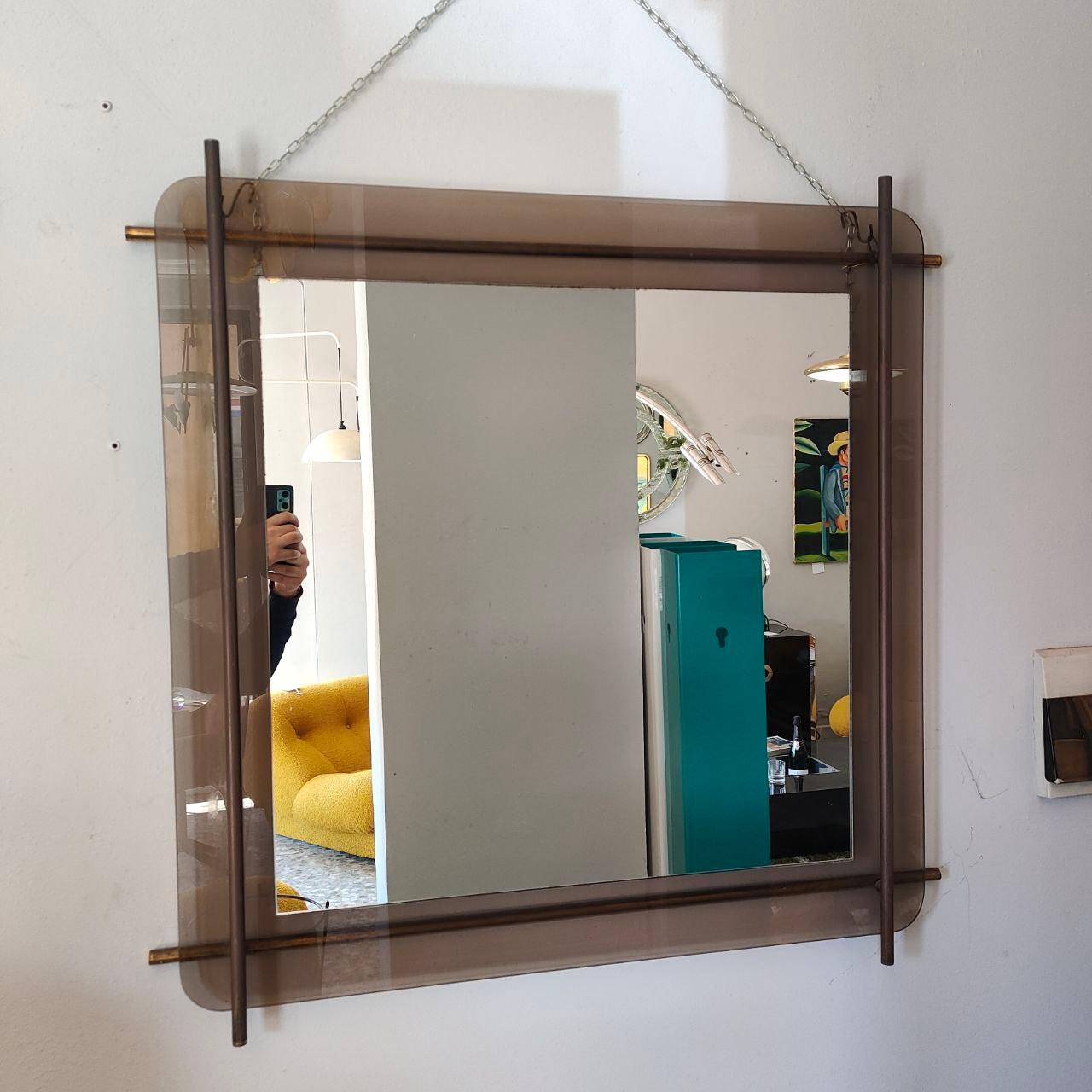 Italian brass and glass mirror by Renato Zevi for Metalarte, 1970s For Sale 5
