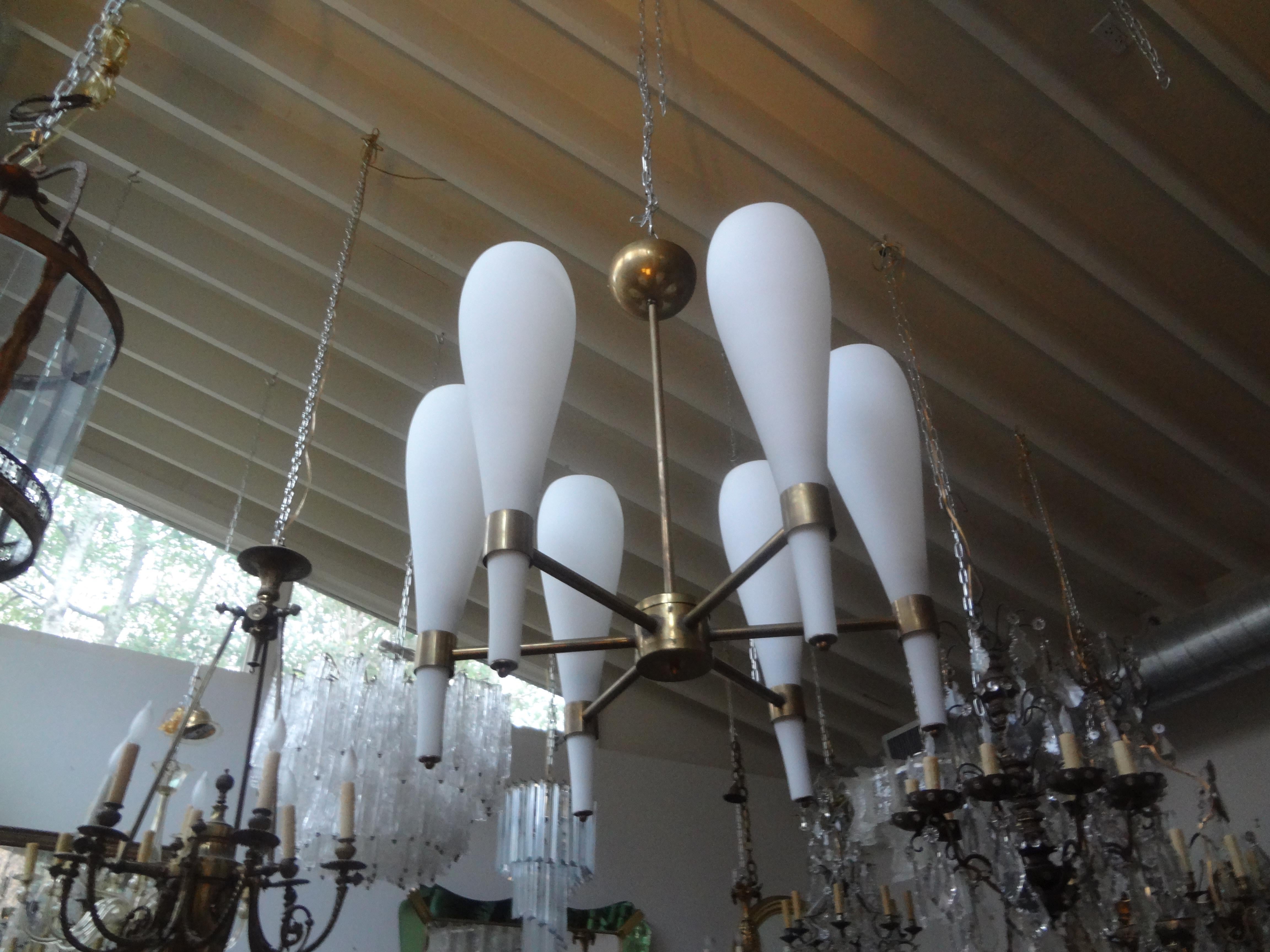 Mid-Century Modern Italian Brass and Glass Modernist Chandelier-Fontana Arte Style For Sale