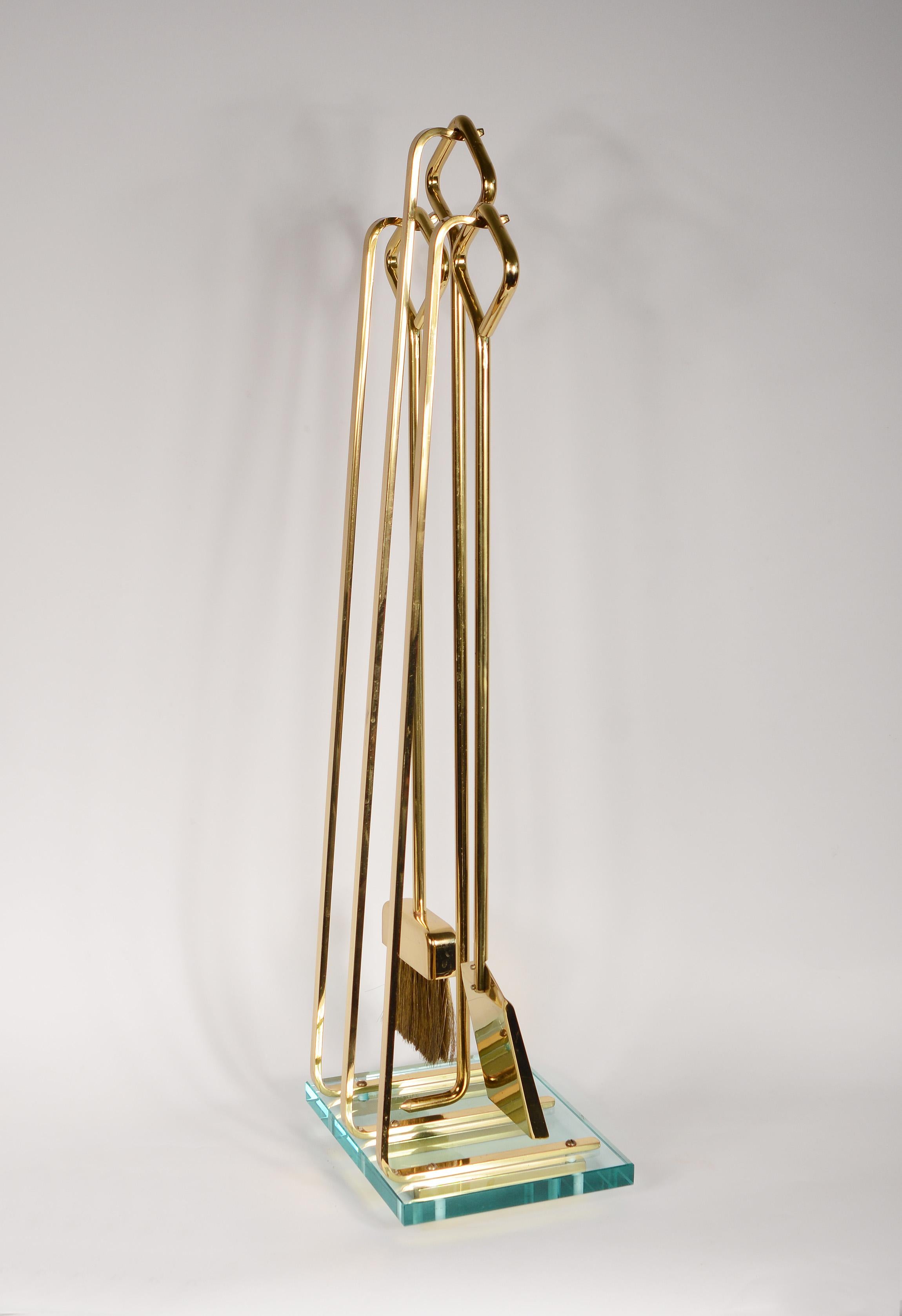 Mid-Century Modern Italian Brass and Glass Modernist Fireplace Tools