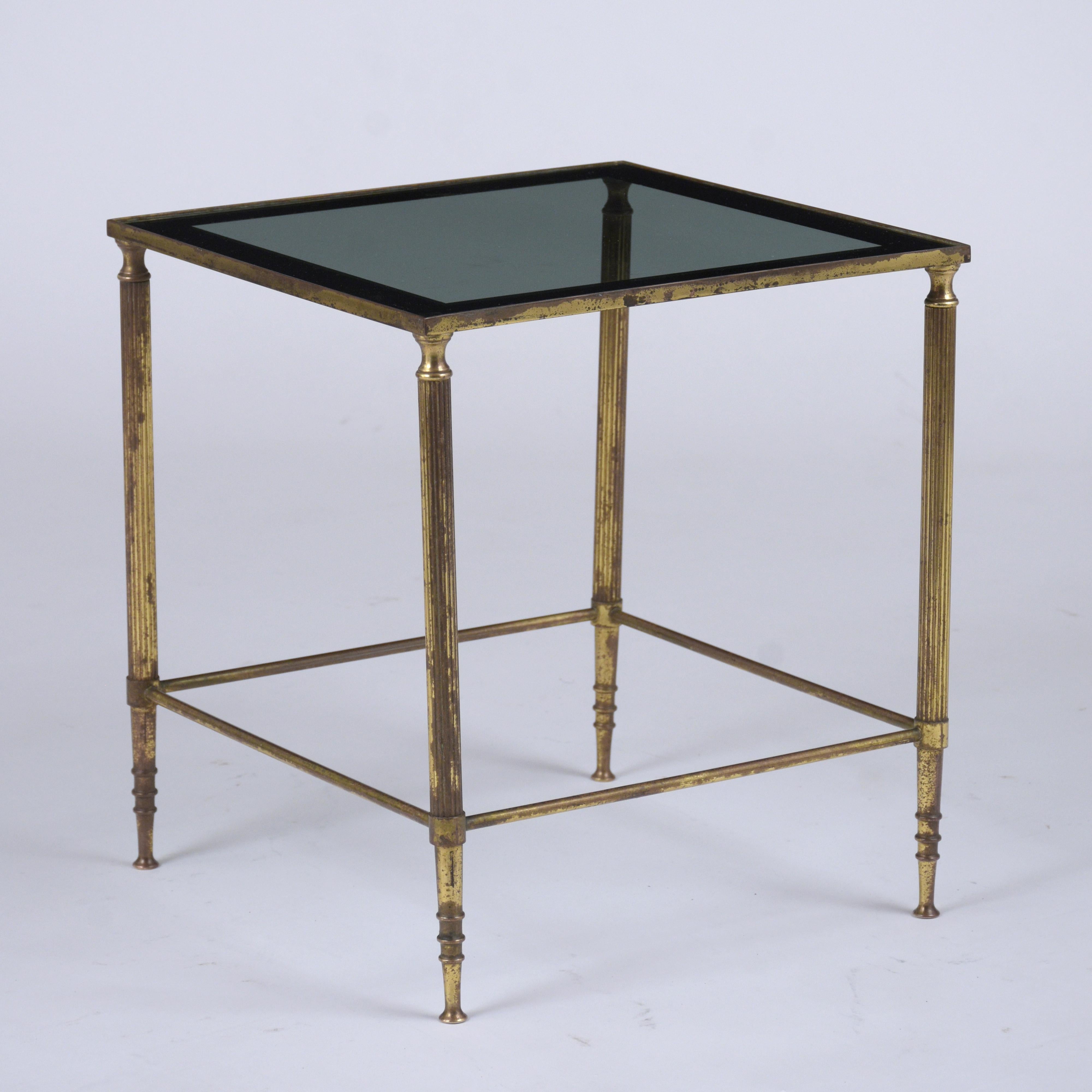 Late 20th Century Mid-Century Italian Brass Nesting Tables with Tinted Glass Tops For Sale