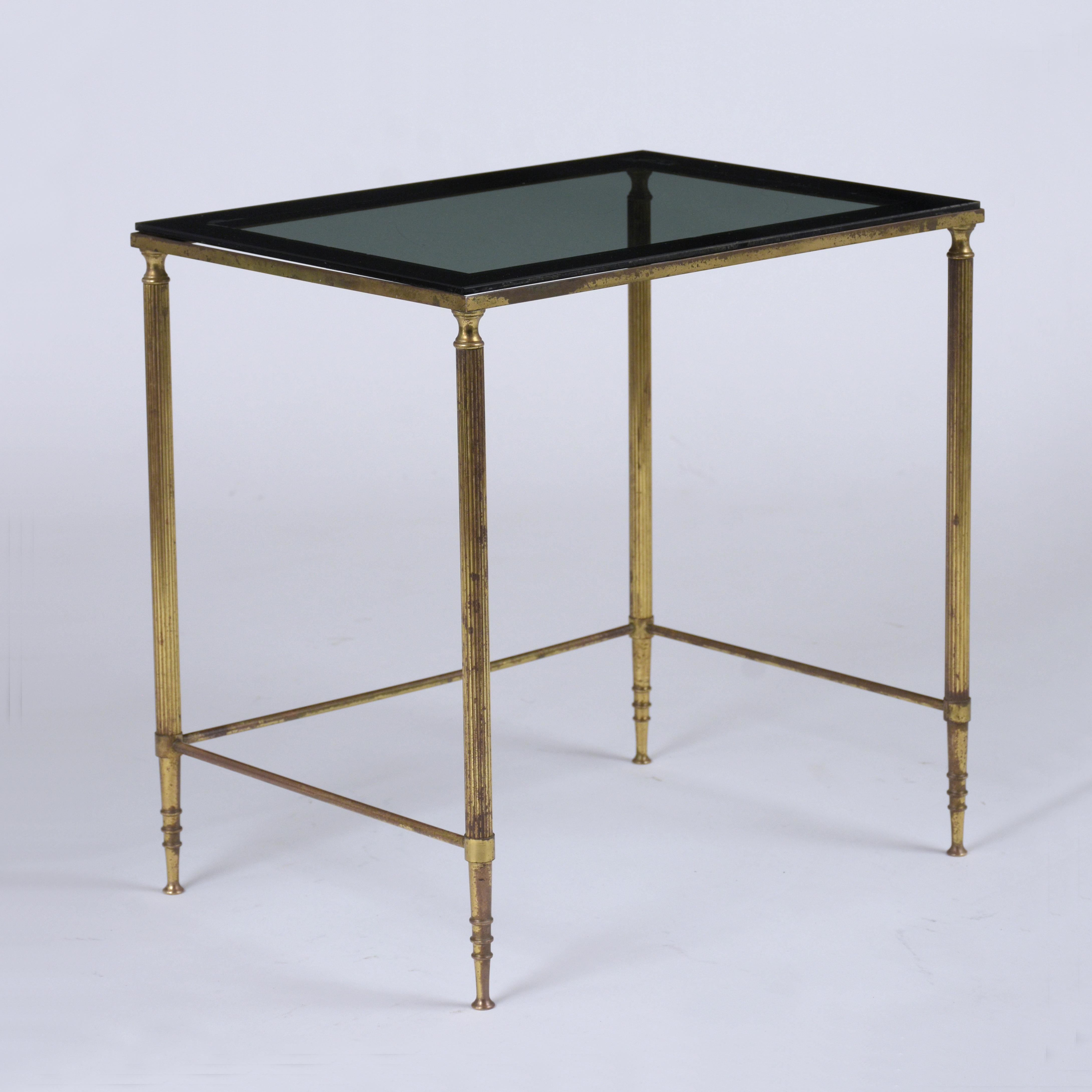 Mid-Century Italian Brass Nesting Tables with Tinted Glass Tops For Sale 1