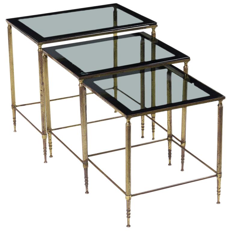 Mid-Century Italian Brass Nesting Tables with Tinted Glass Tops