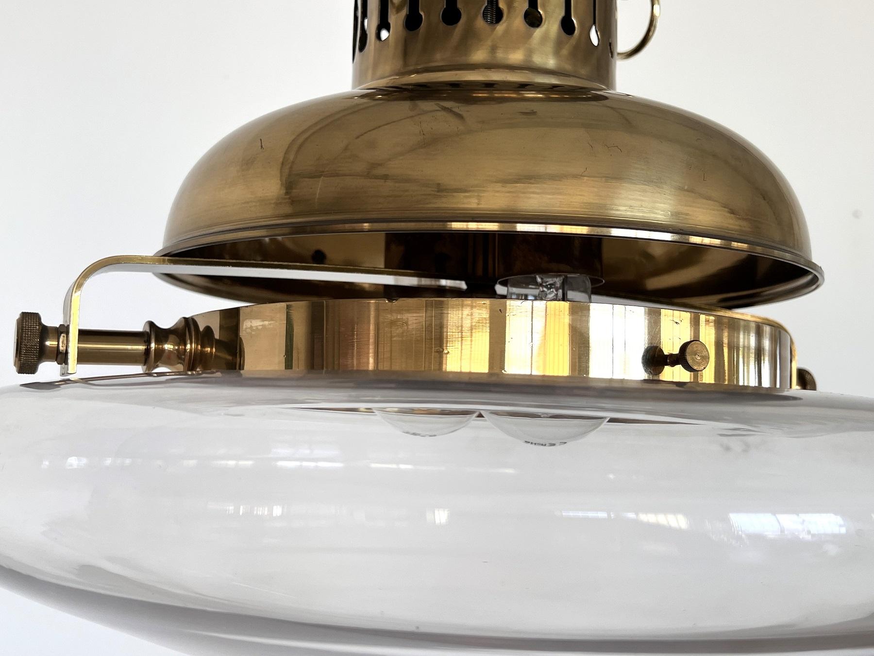 Italian Brass and Glass Pendant Lamp or Lantern in Nautical Style, 1970s For Sale 5
