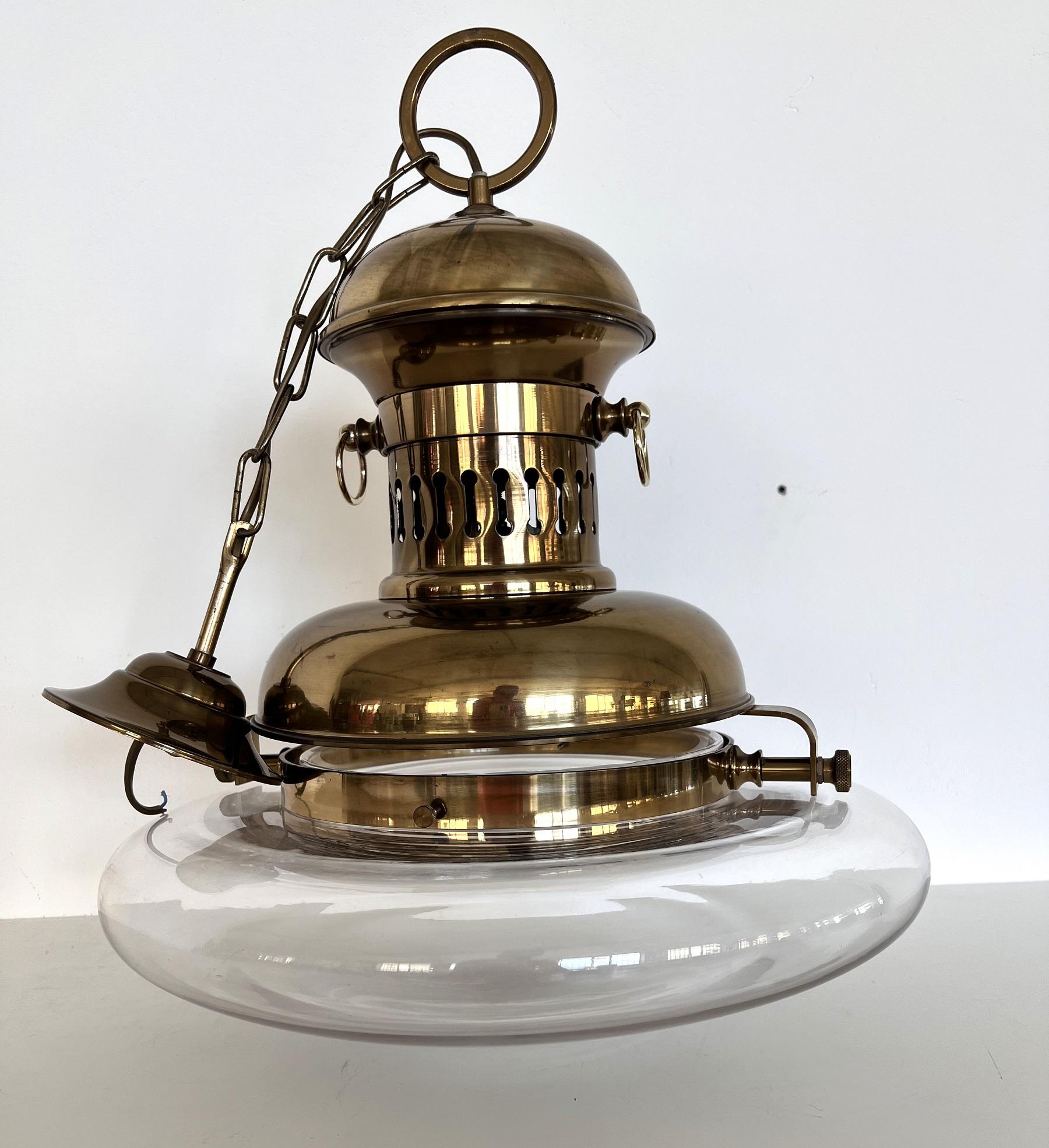 Italian Brass and Glass Pendant Lamp or Lantern in Nautical Style, 1970s For Sale 9