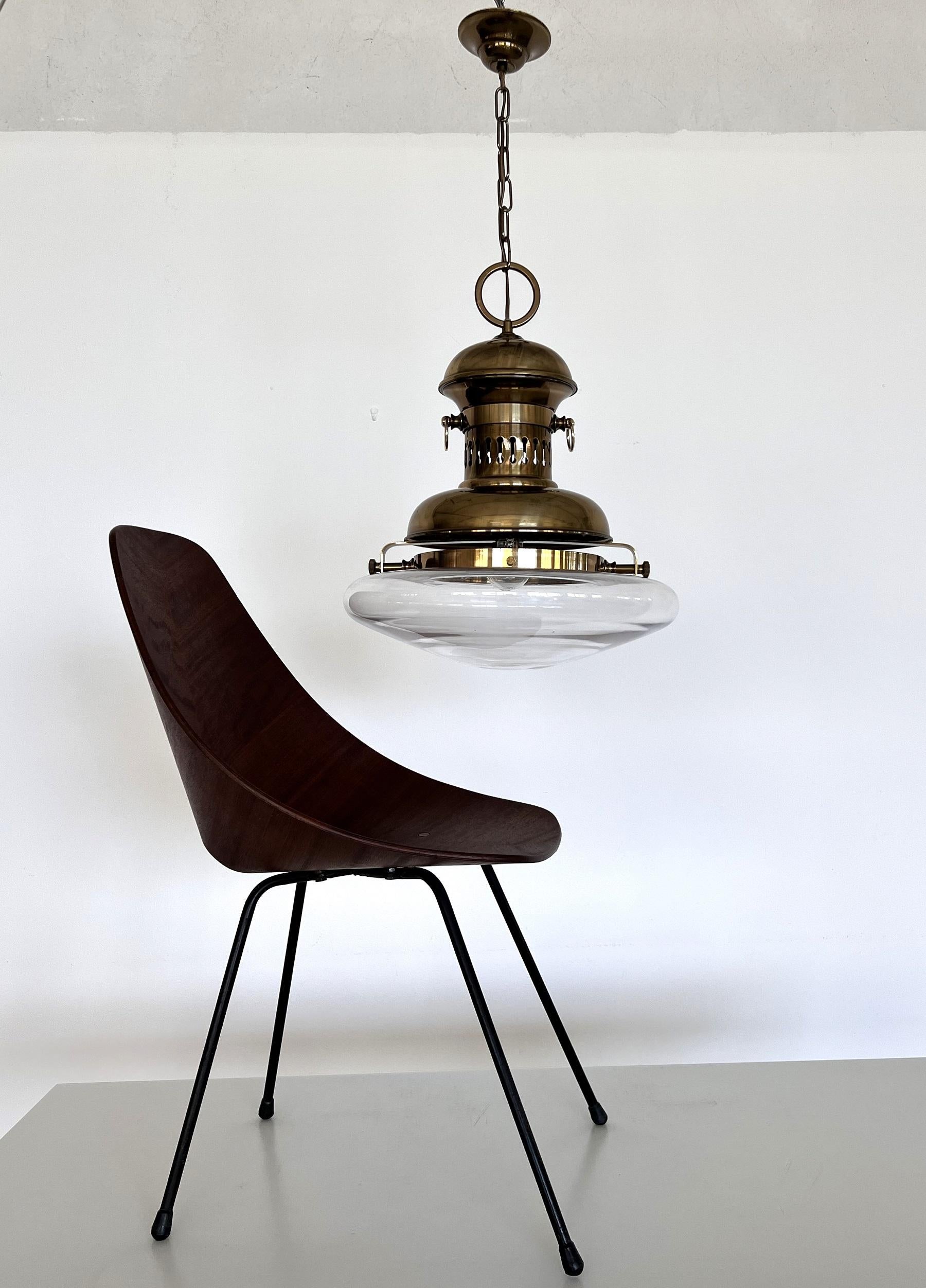 Mid-Century Modern Italian Brass and Glass Pendant Lamp or Lantern in Nautical Style, 1970s For Sale