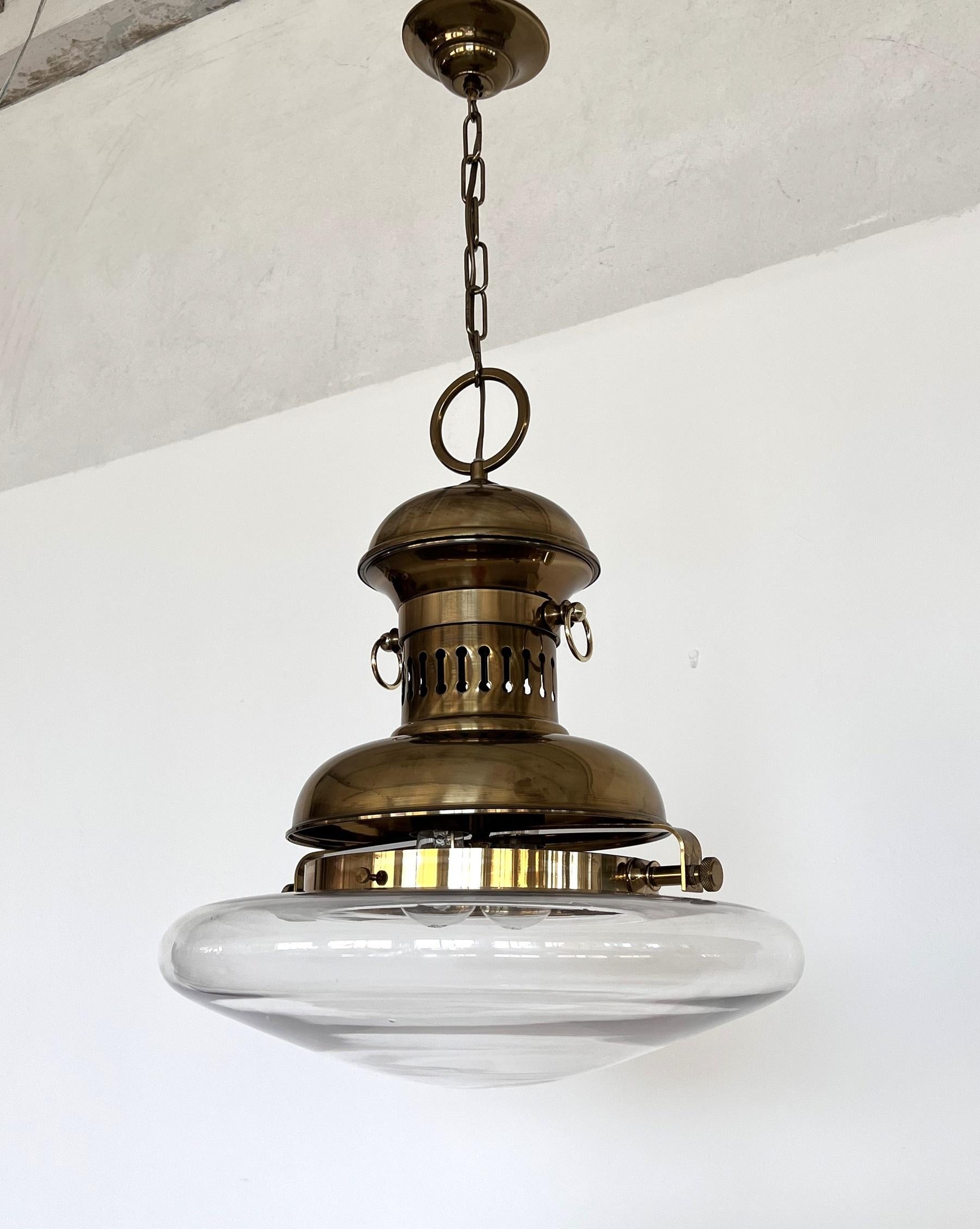 Italian Brass and Glass Pendant Lamp or Lantern in Nautical Style, 1970s For Sale 1