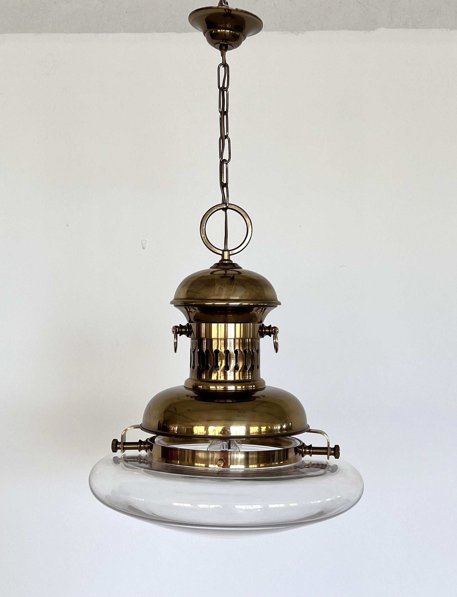 Italian Brass and Glass Pendant Lamp or Lantern in Nautical Style, 1970s For Sale 4