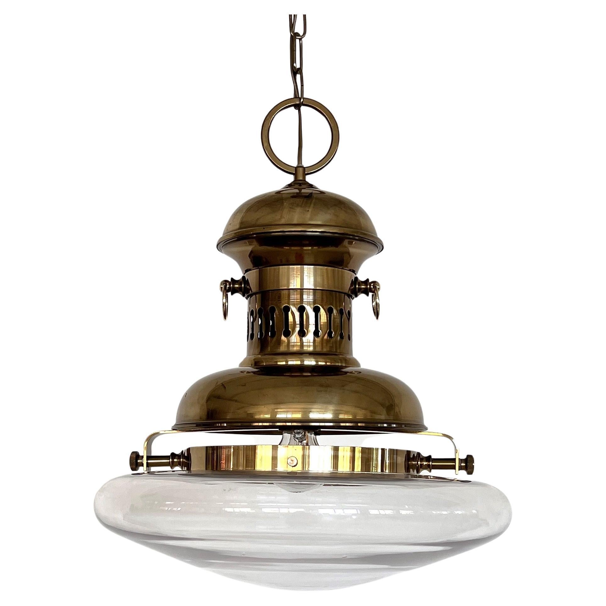 Italian Brass and Glass Pendant Lamp or Lantern in Nautical Style, 1970s For Sale