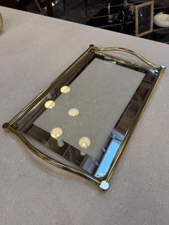 Italian Brass and Glass Rectangular Tray with Curved Handles, 1970s