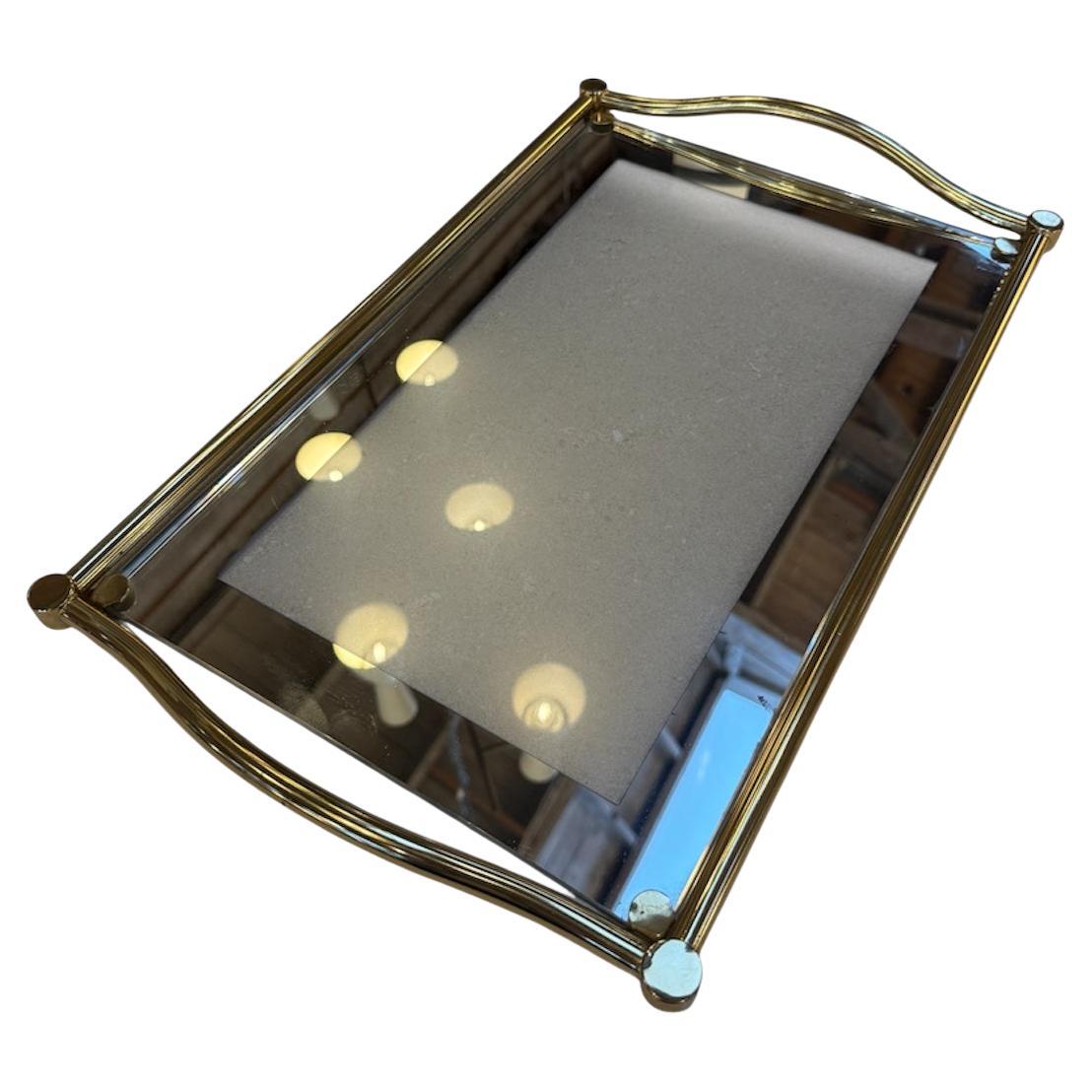 Italian Brass and Glass Rectangular Tray with Curved Handles, 1970s