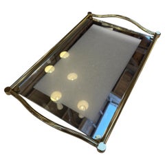 Italian Brass and Glass Rectangular Tray with Curved Handles, 1970s