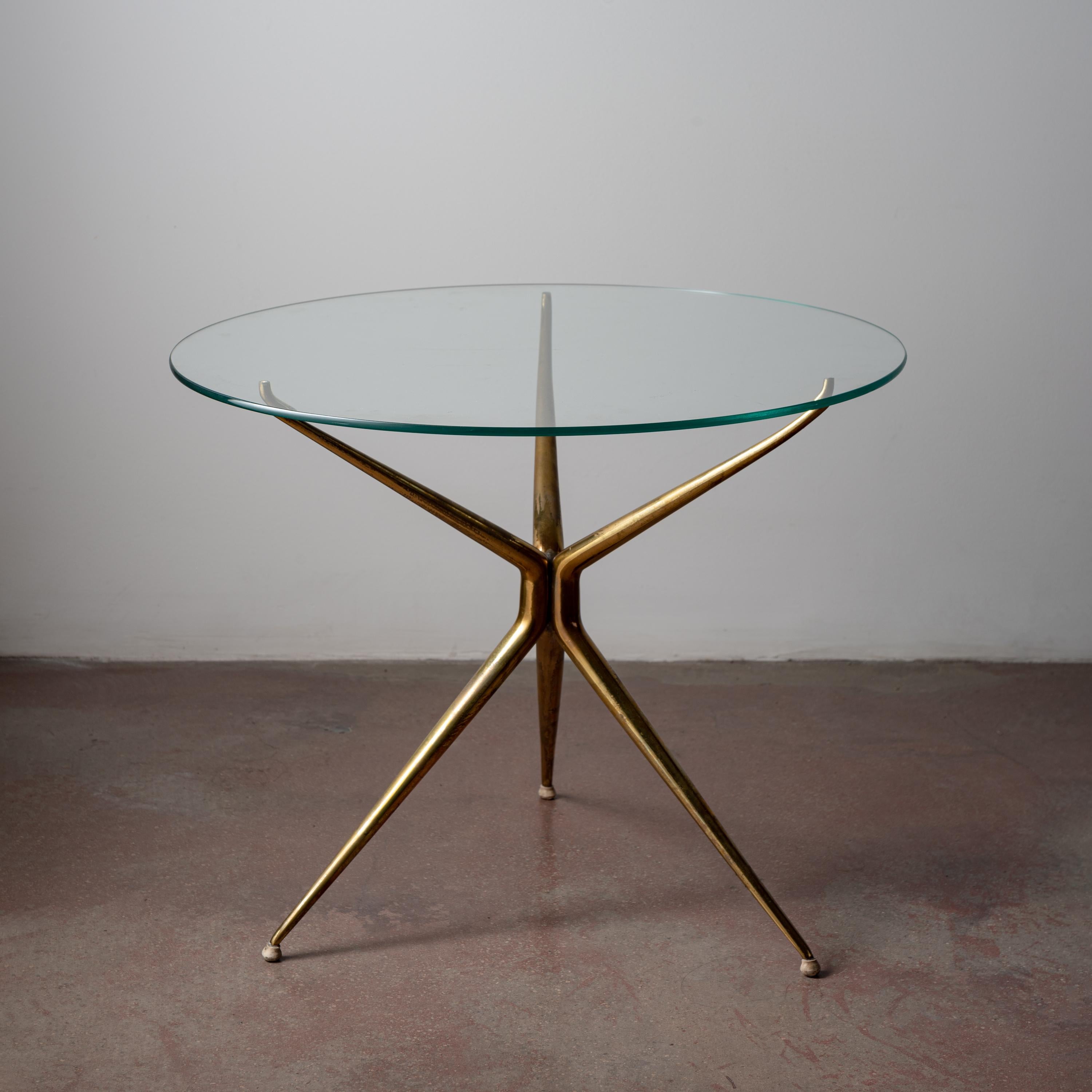 Brass and glass tripod side table. Made in Italy circa 1960s.