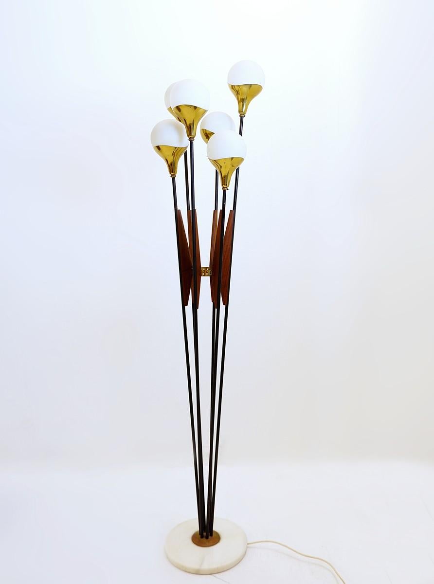 Italian Brass and Glass Six Globes Floor Lamp Stilnovo Style For Sale 6