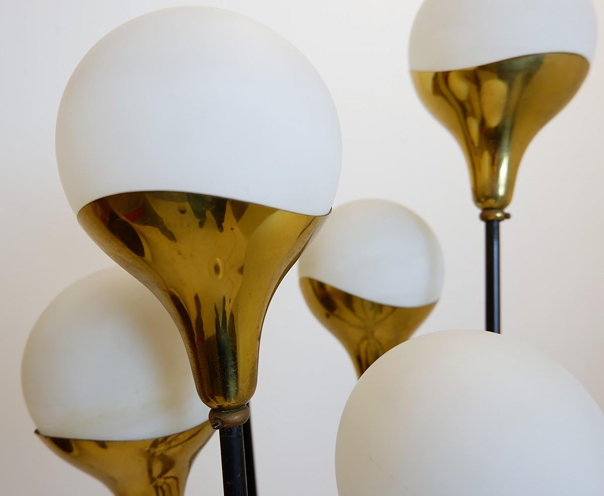 Italian Brass and Glass Six Globes Floor Lamp Stilnovo Style For Sale 8