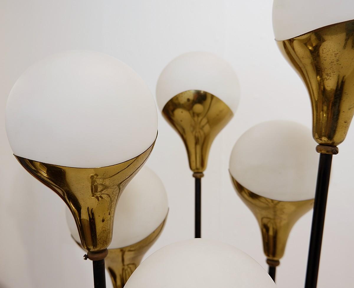 Italian Brass and Glass Six Globes Floor Lamp Stilnovo Style For Sale 10